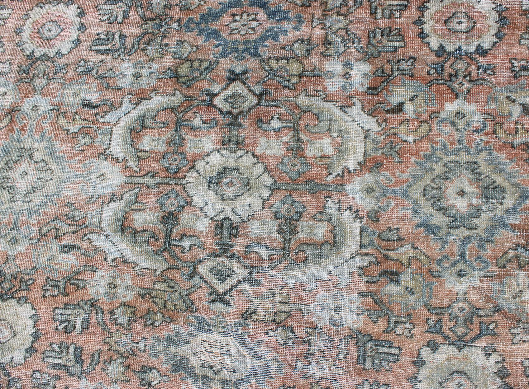 Distressed Antique Large Sultanabad Rug in Faded Red Background, Blue, Green 6