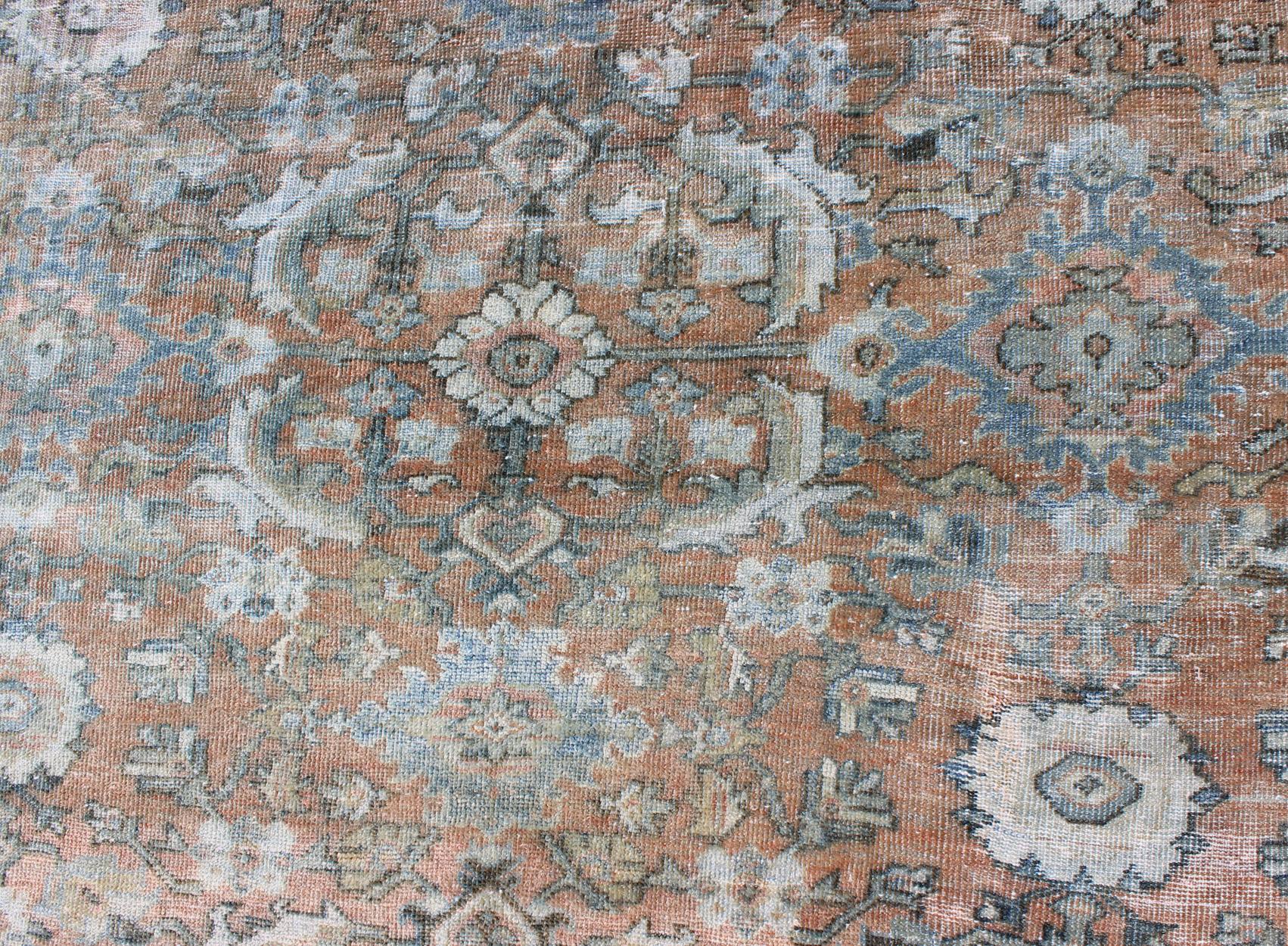 Distressed Antique Large Sultanabad Rug in Faded Red Background, Blue, Green 7
