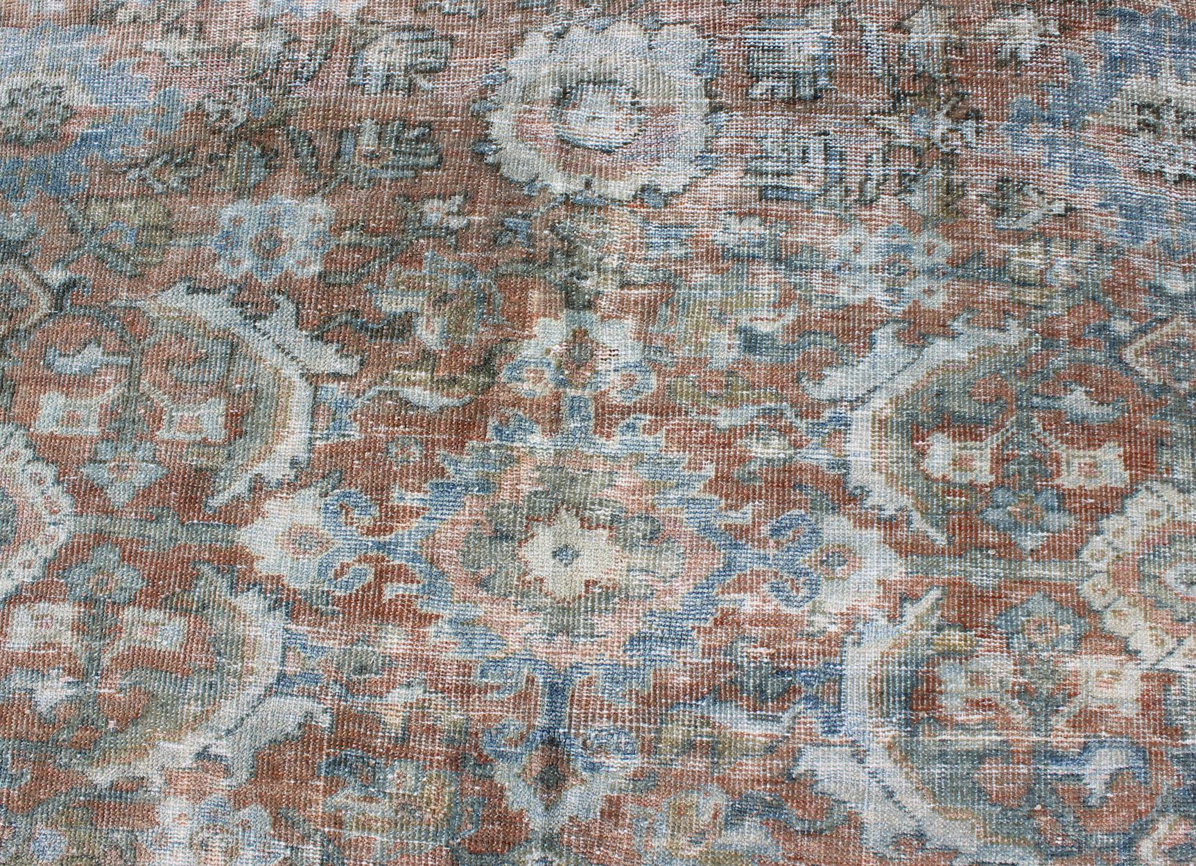 Distressed Antique Large Sultanabad Rug in Faded Red Background, Blue, Green 8