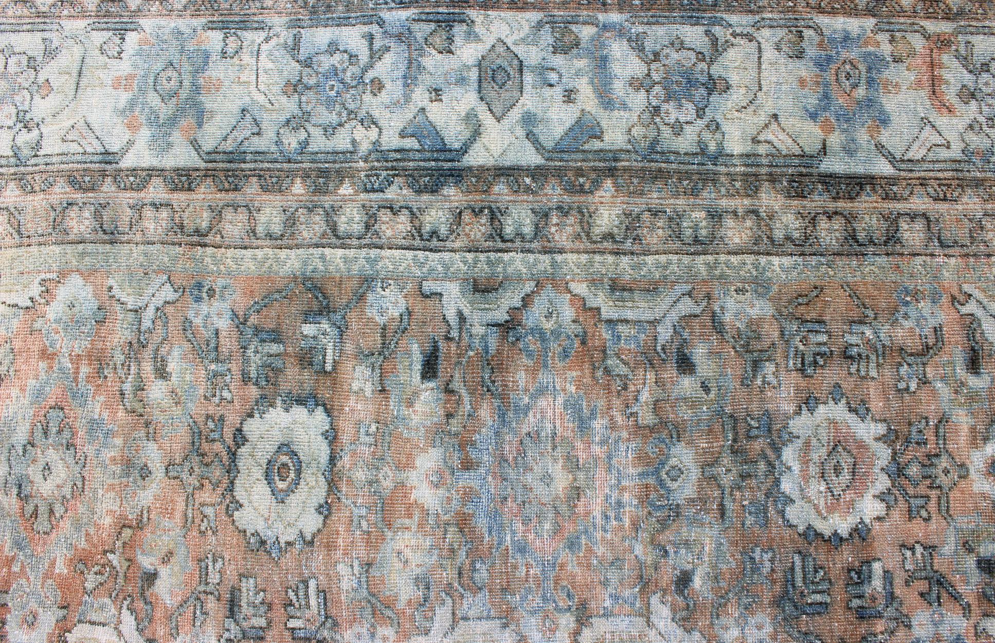 Distressed Antique Large Sultanabad Rug in Faded Red Background, Blue, Green 9