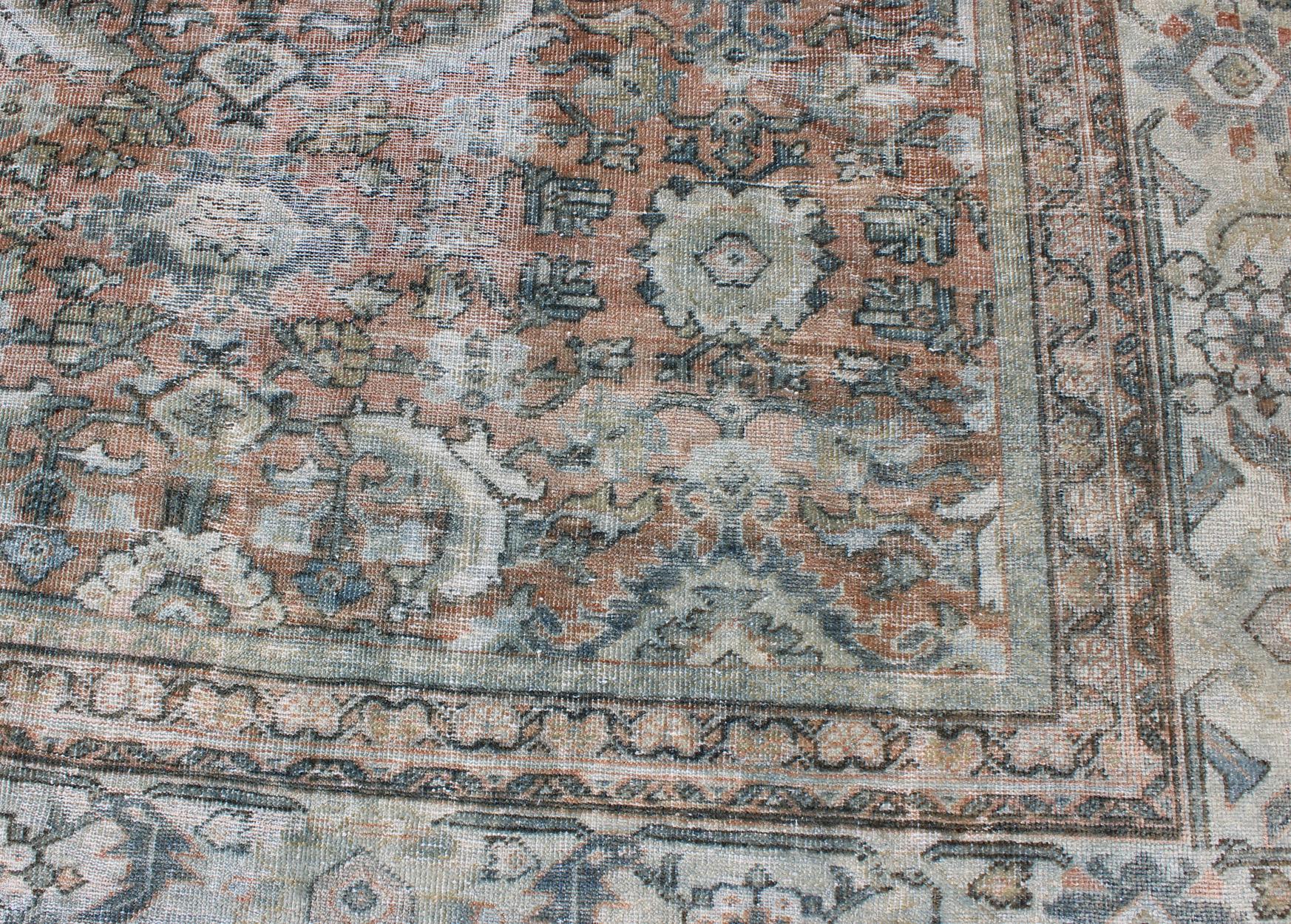 Distressed Antique Large Sultanabad Rug in Faded Red Background, Blue, Green 10