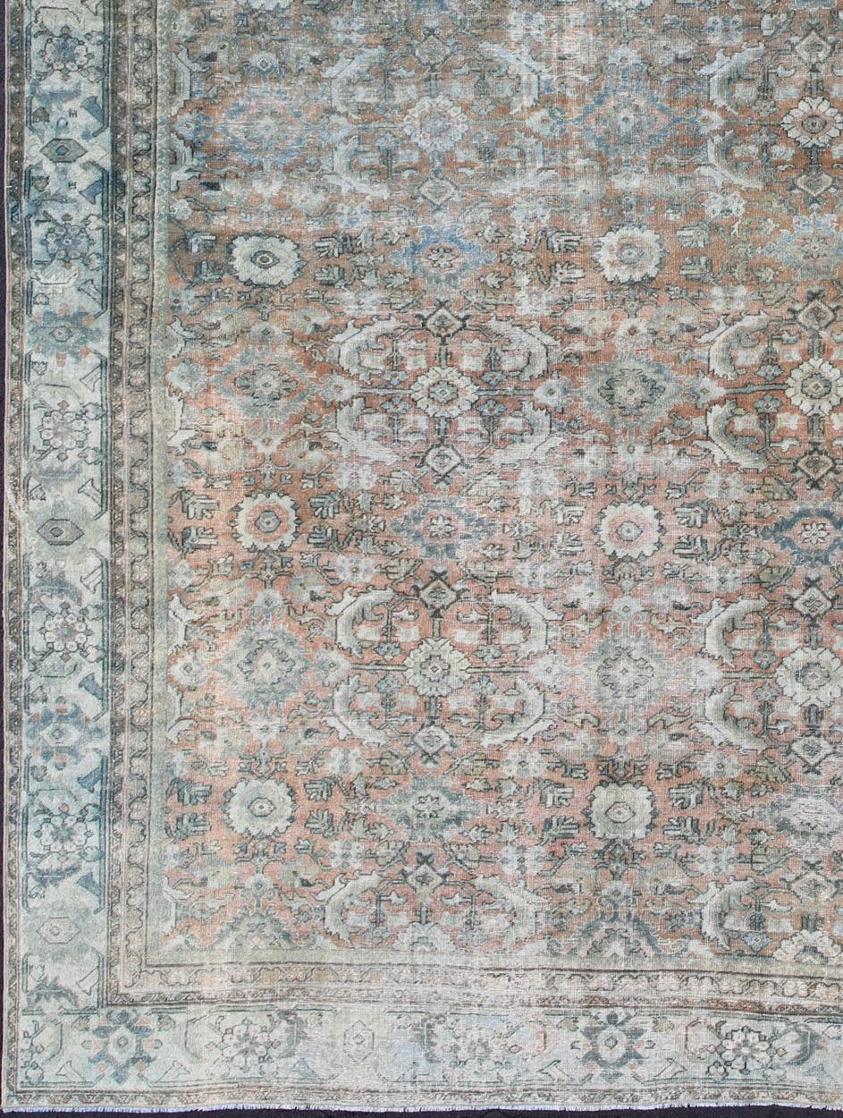 Hand-Knotted Distressed Antique Large Sultanabad Rug in Faded Red Background, Blue, Green