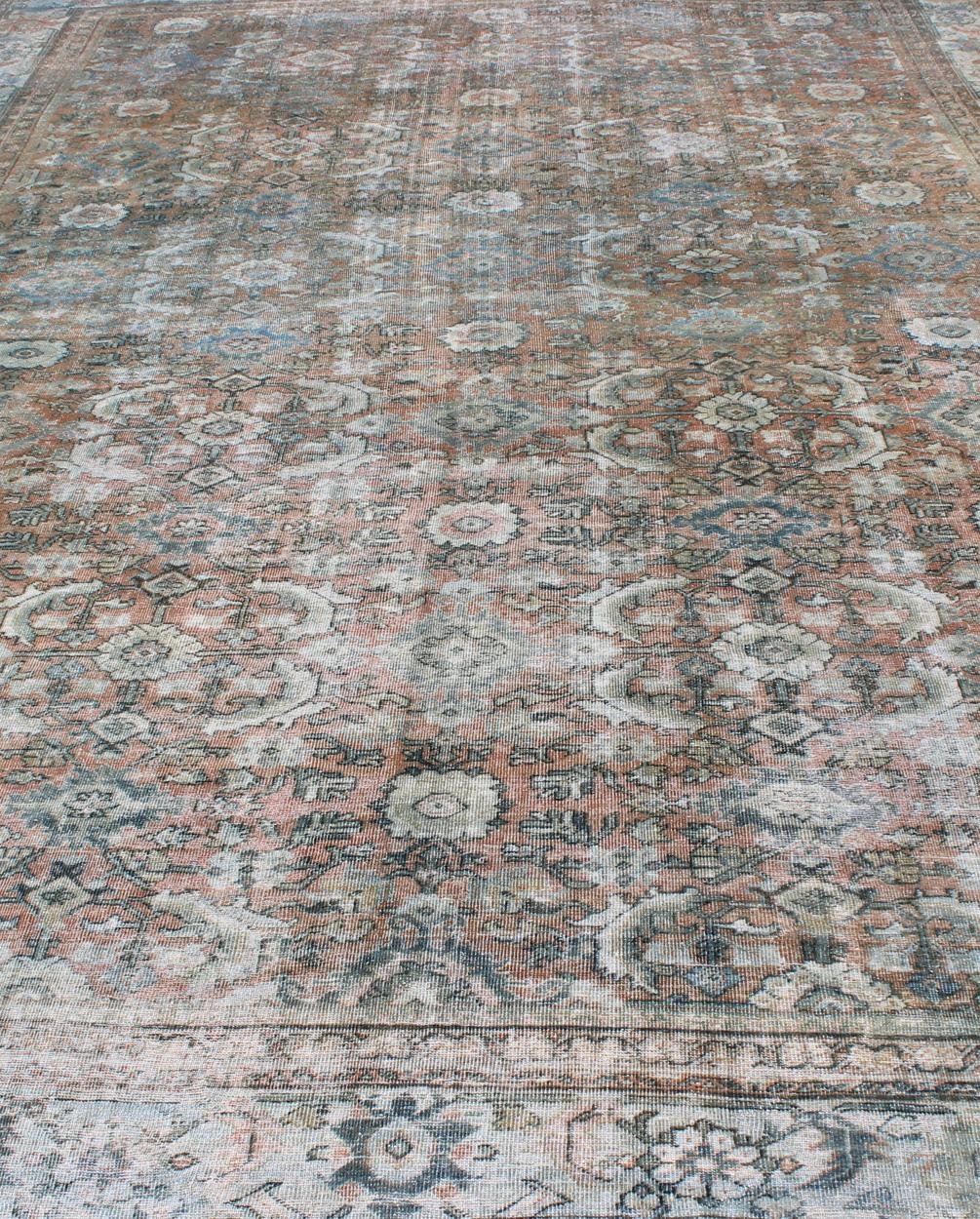 20th Century Distressed Antique Large Sultanabad Rug in Faded Red Background, Blue, Green