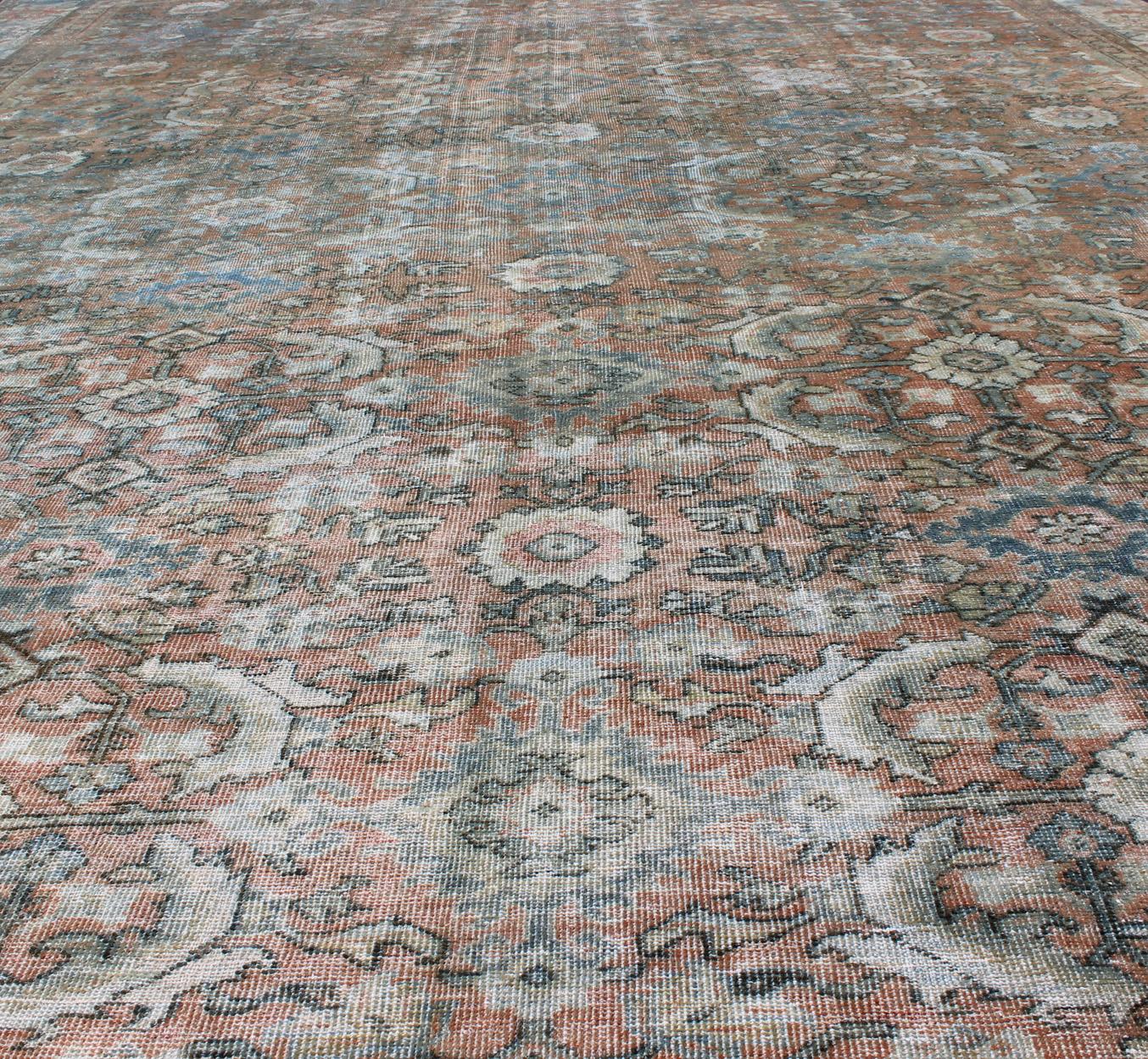 Wool Distressed Antique Large Sultanabad Rug in Faded Red Background, Blue, Green