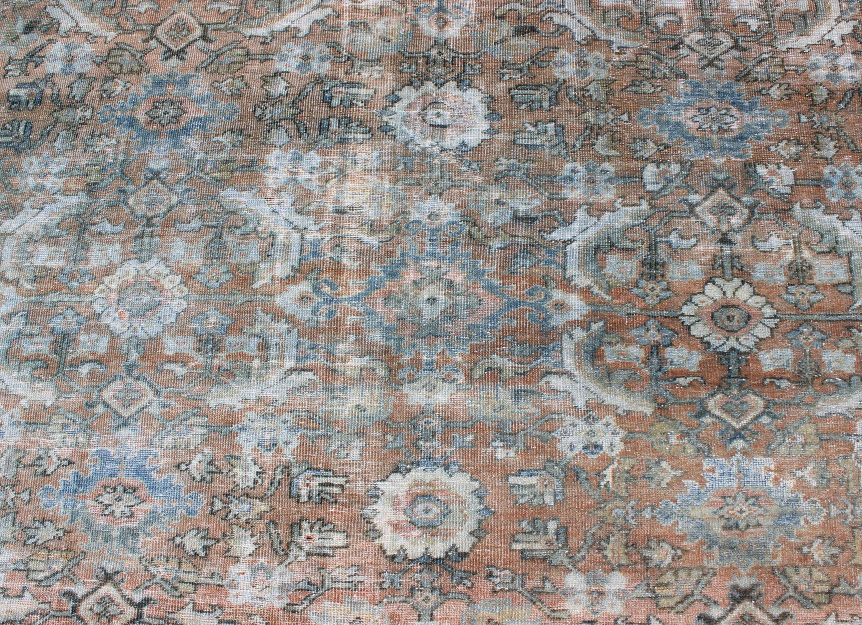 Distressed Antique Large Sultanabad Rug in Faded Red Background, Blue, Green 1