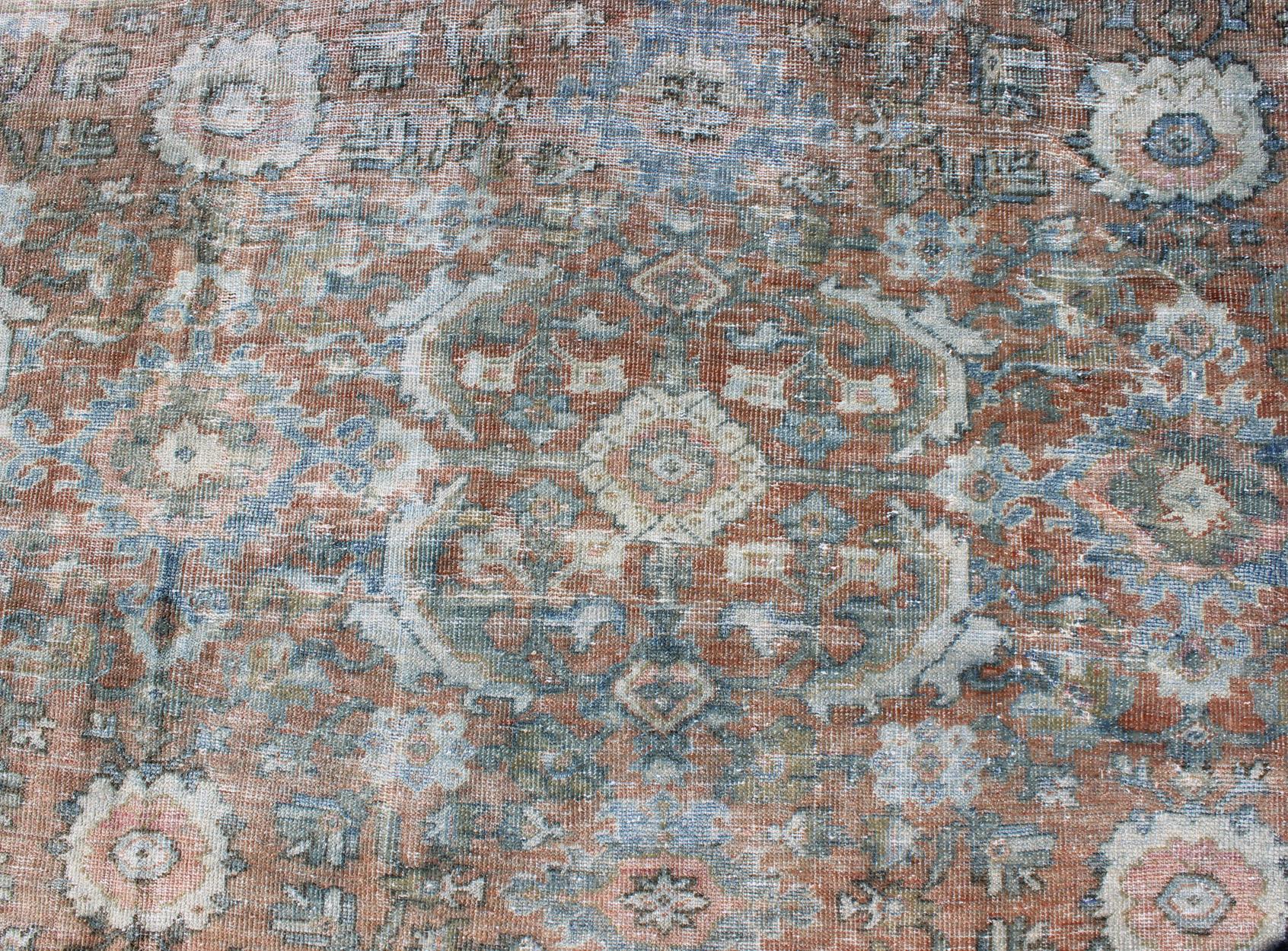 Distressed Antique Large Sultanabad Rug in Faded Red Background, Blue, Green 2