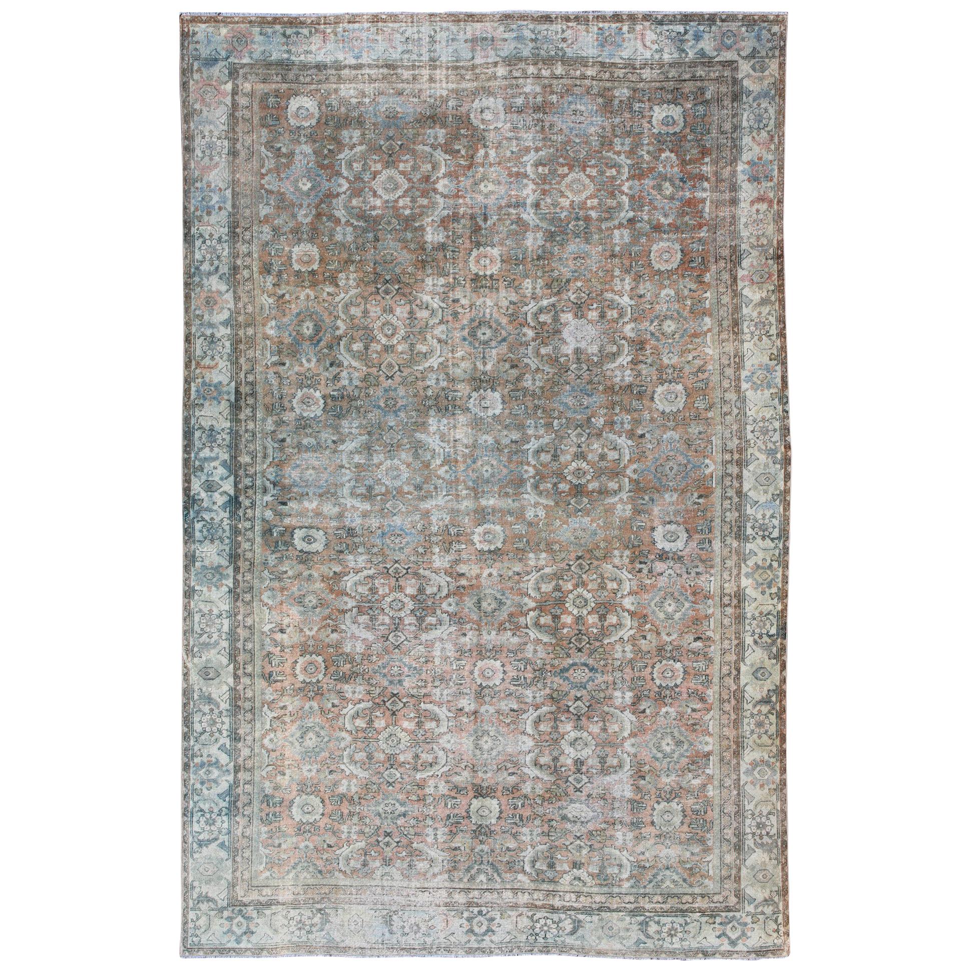 Distressed Antique Large Sultanabad Rug in Faded Red Background, Blue, Green