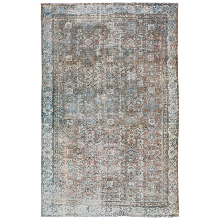 Distressed Antique Large Sultanabad Rug in Faded Red Background, Blue