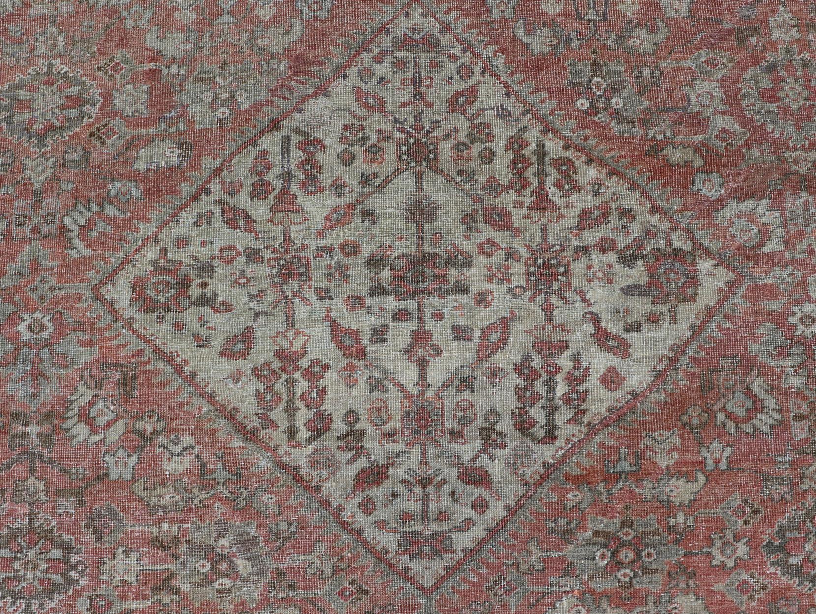 Distressed Antique Sultanabad Rug in Faded Red Background, Charcoal Border For Sale 5