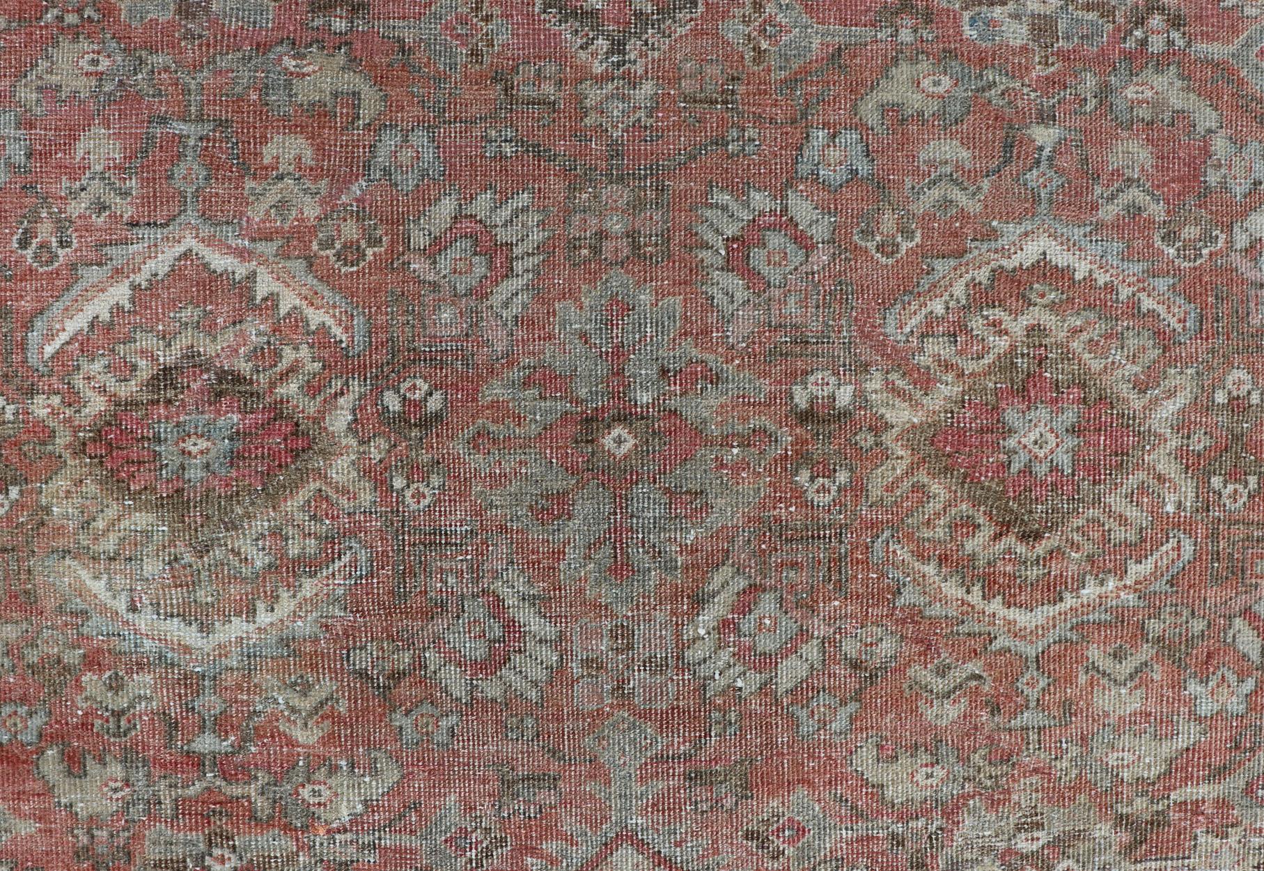 Distressed Antique Sultanabad Rug in Faded Red Background, Charcoal Border For Sale 7