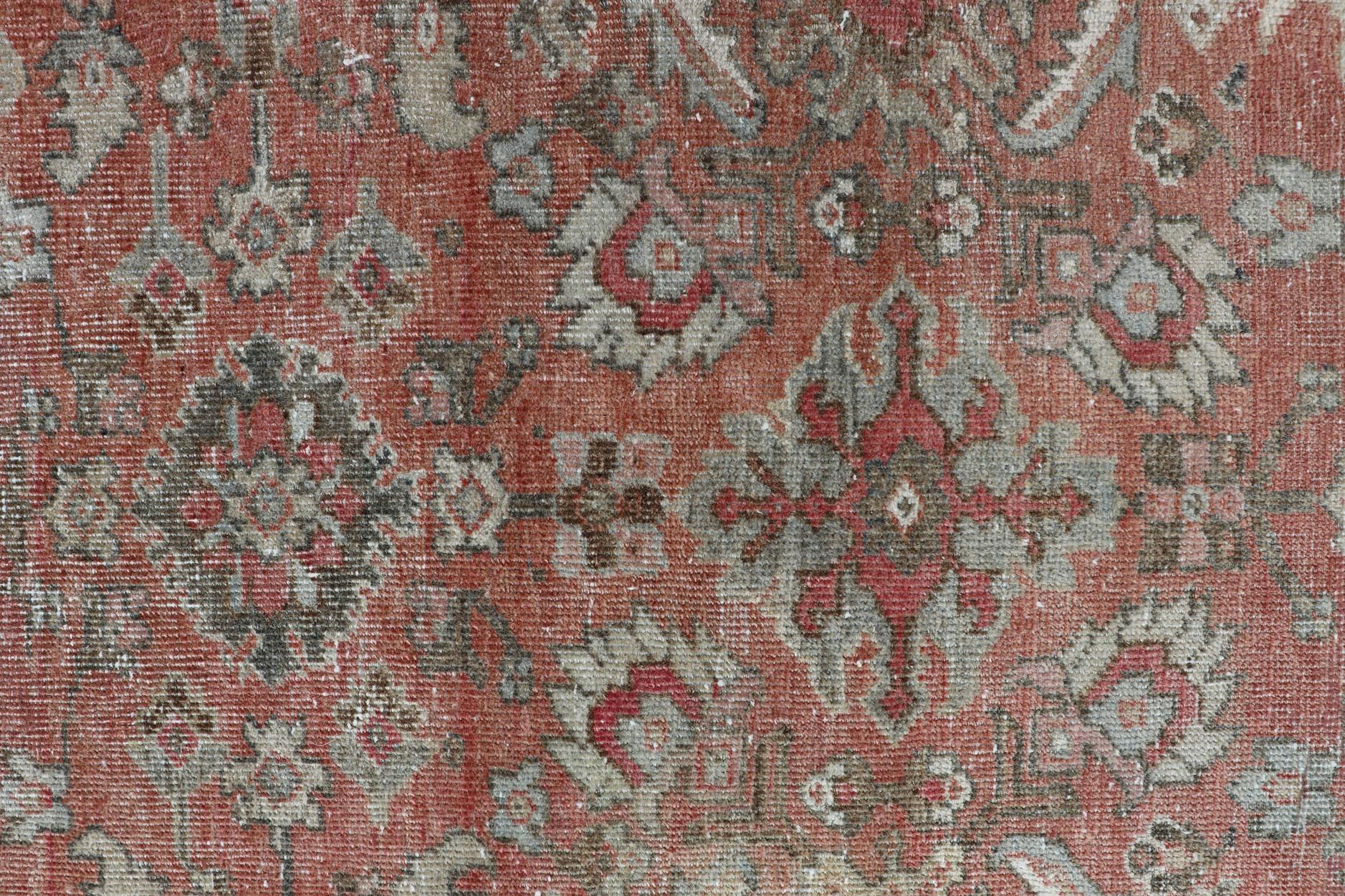 Distressed Antique Sultanabad Rug in Faded Red Background, Charcoal Border For Sale 8