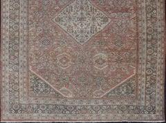 Distressed Antique Sultanabad Rug in Faded Red Background, Charcoal Border