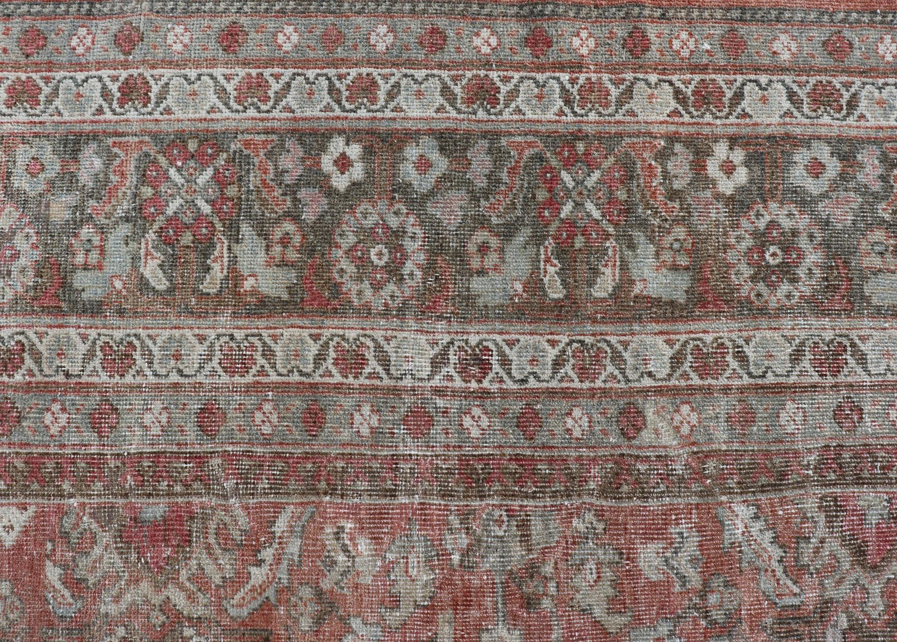 Hand-Knotted Distressed Antique Sultanabad Rug in Faded Red Background, Charcoal Border For Sale