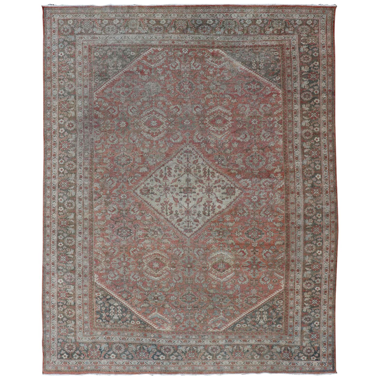 Distressed Antique Sultanabad Rug in Faded Red Background, Charcoal Border