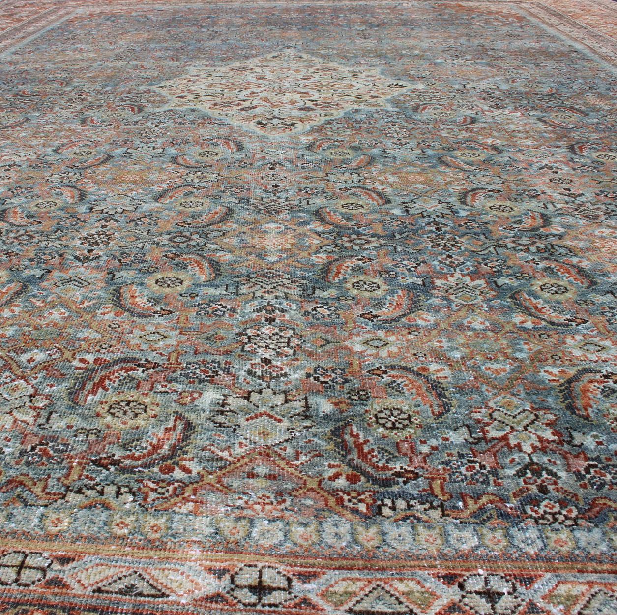 Distressed Antique Persian Sultanabad Rug in Steel Blue Background, Green, Red For Sale 5
