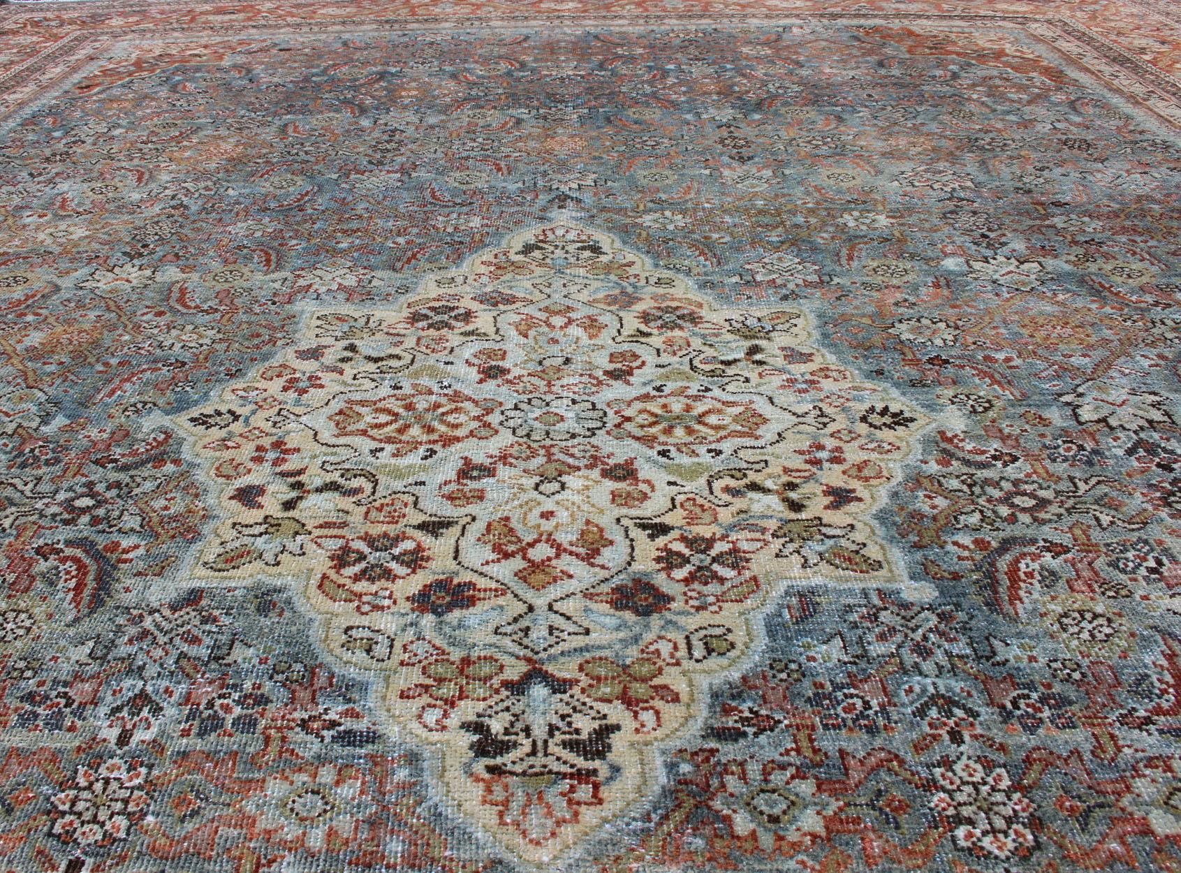 Distressed Antique Persian Sultanabad Rug in Steel Blue Background, Green, Red For Sale 6