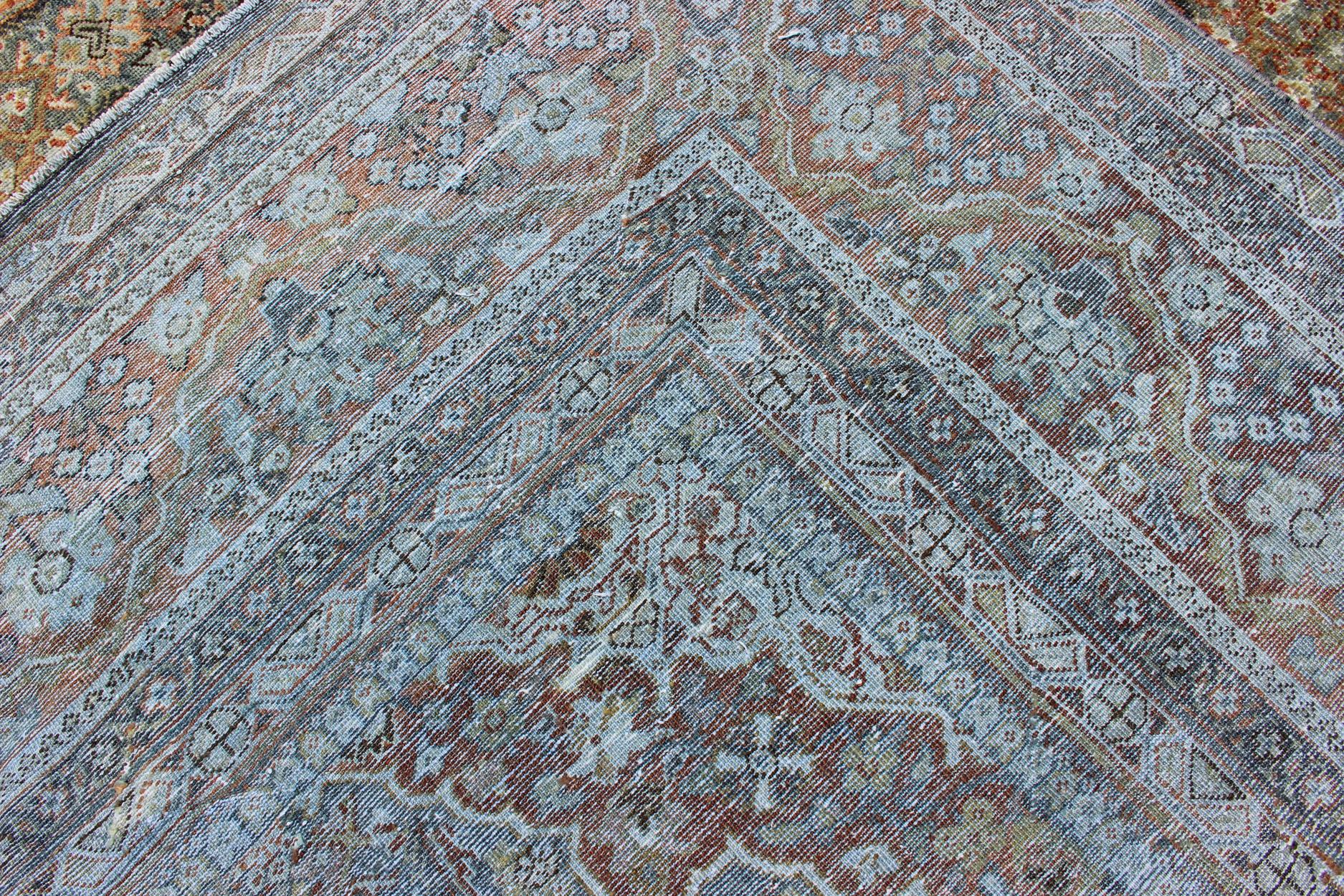 Distressed Antique Persian Sultanabad Rug in Steel Blue Background, Green, Red For Sale 14