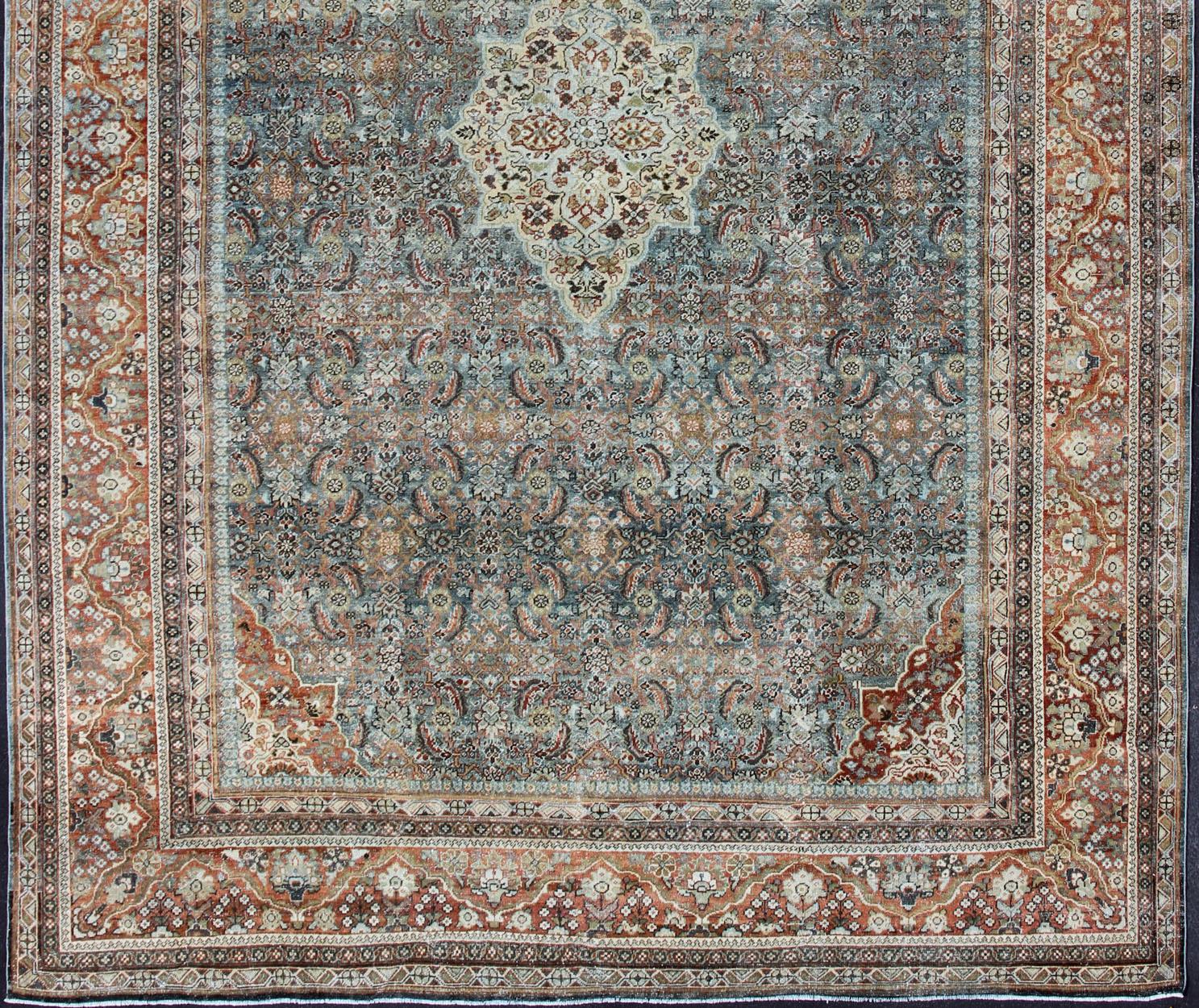 Hand-Knotted Distressed Antique Persian Sultanabad Rug in Steel Blue Background, Green, Red For Sale