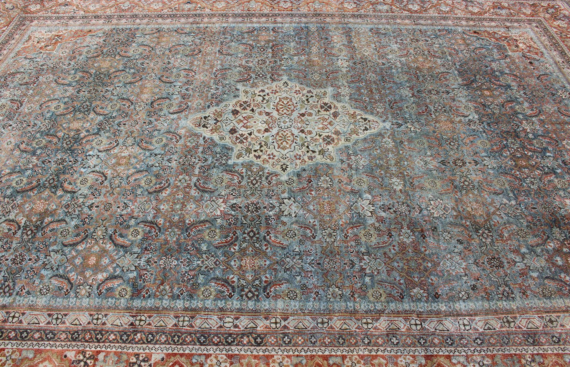 Distressed Antique Persian Sultanabad Rug in Steel Blue Background, Green, Red For Sale 2