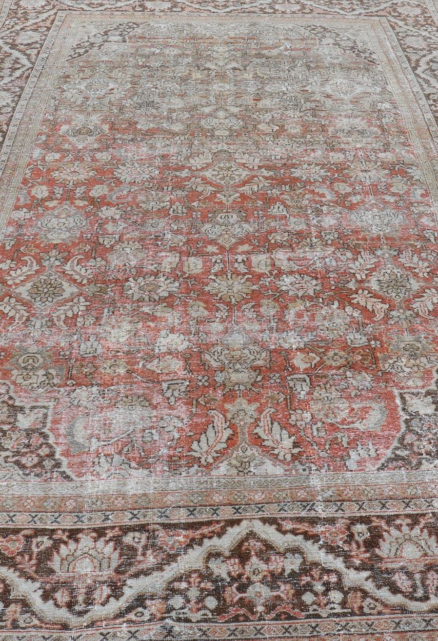 Distressed Antique Persian Sultanabad Rug in Wool with Floral Design For Sale 7