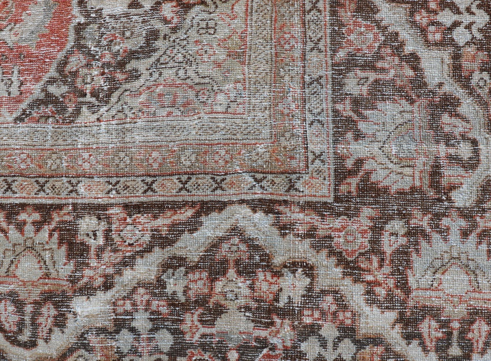 Distressed Antique Persian Sultanabad Rug in Wool with Floral Design For Sale 3