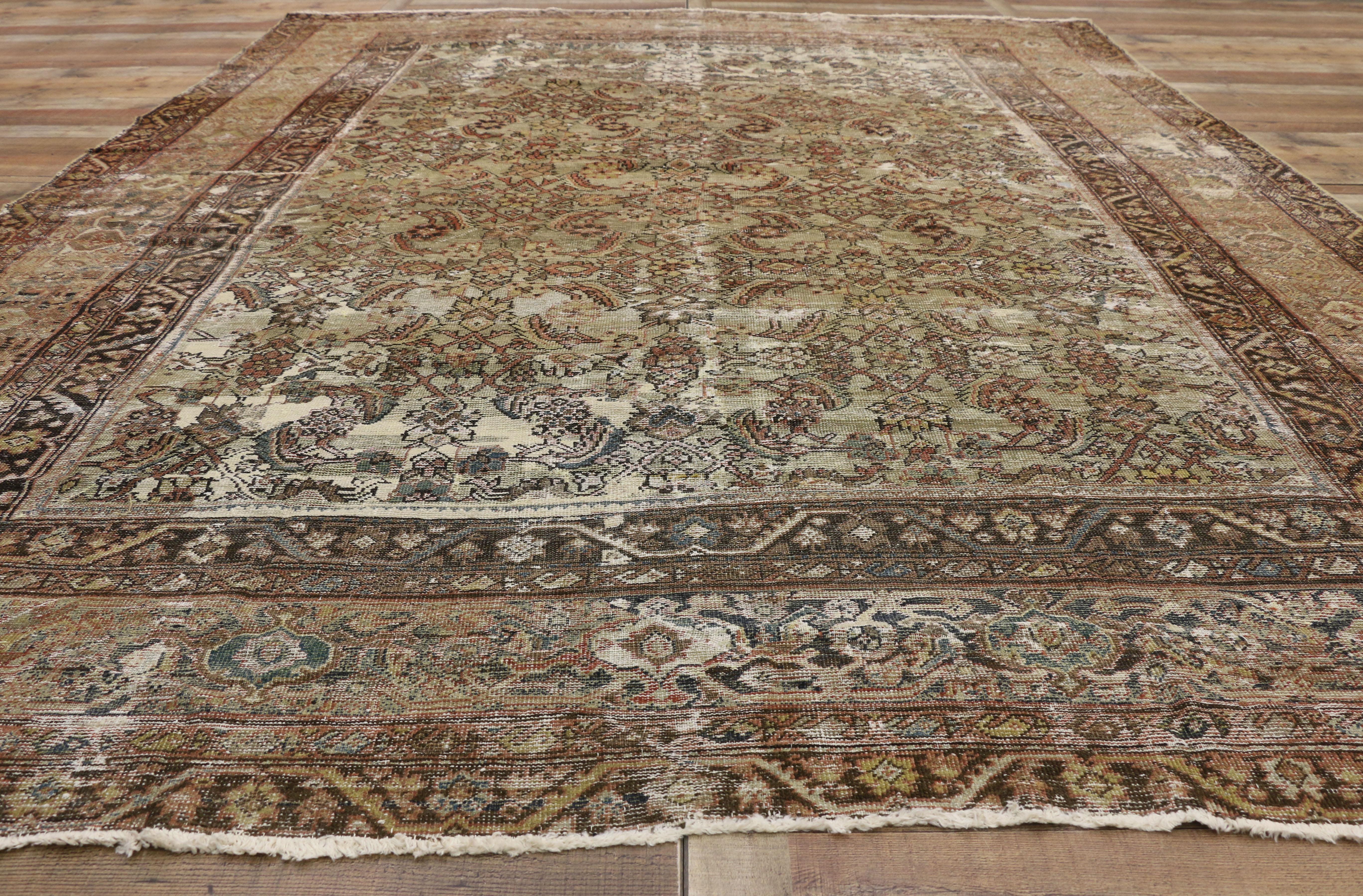 19th Century Distressed Antique Persian Sultanabad Rug with Modern Rustic Industrial Style For Sale