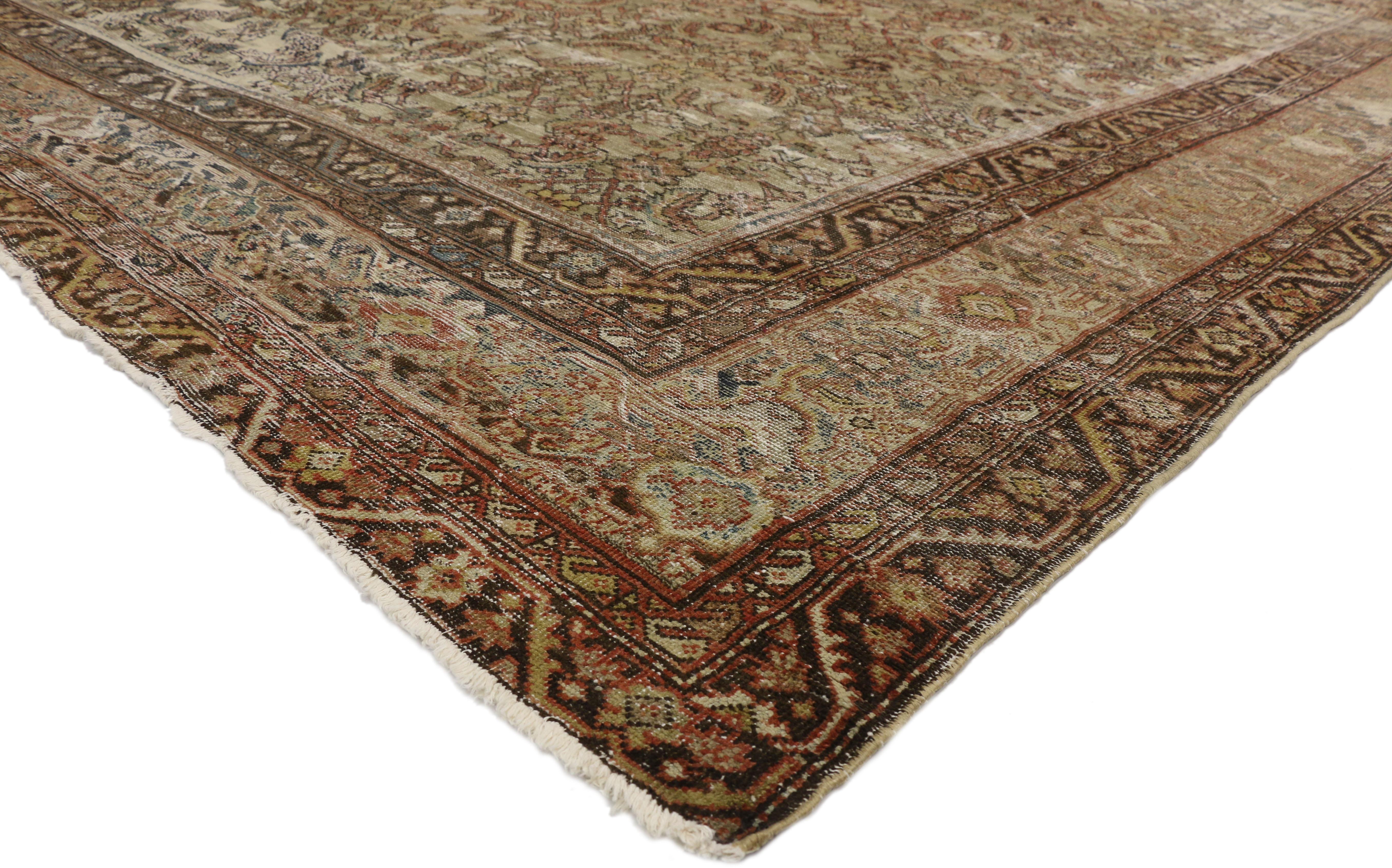 73160 Distressed Antique Persian Sultanabad Rug with Modern Rustic Industrial Style 10'00 x 12'08. ​​With its historical richness and artful craftsmanship combined with cozy casual living and earth-tone colors, this hand-knotted wool distressed