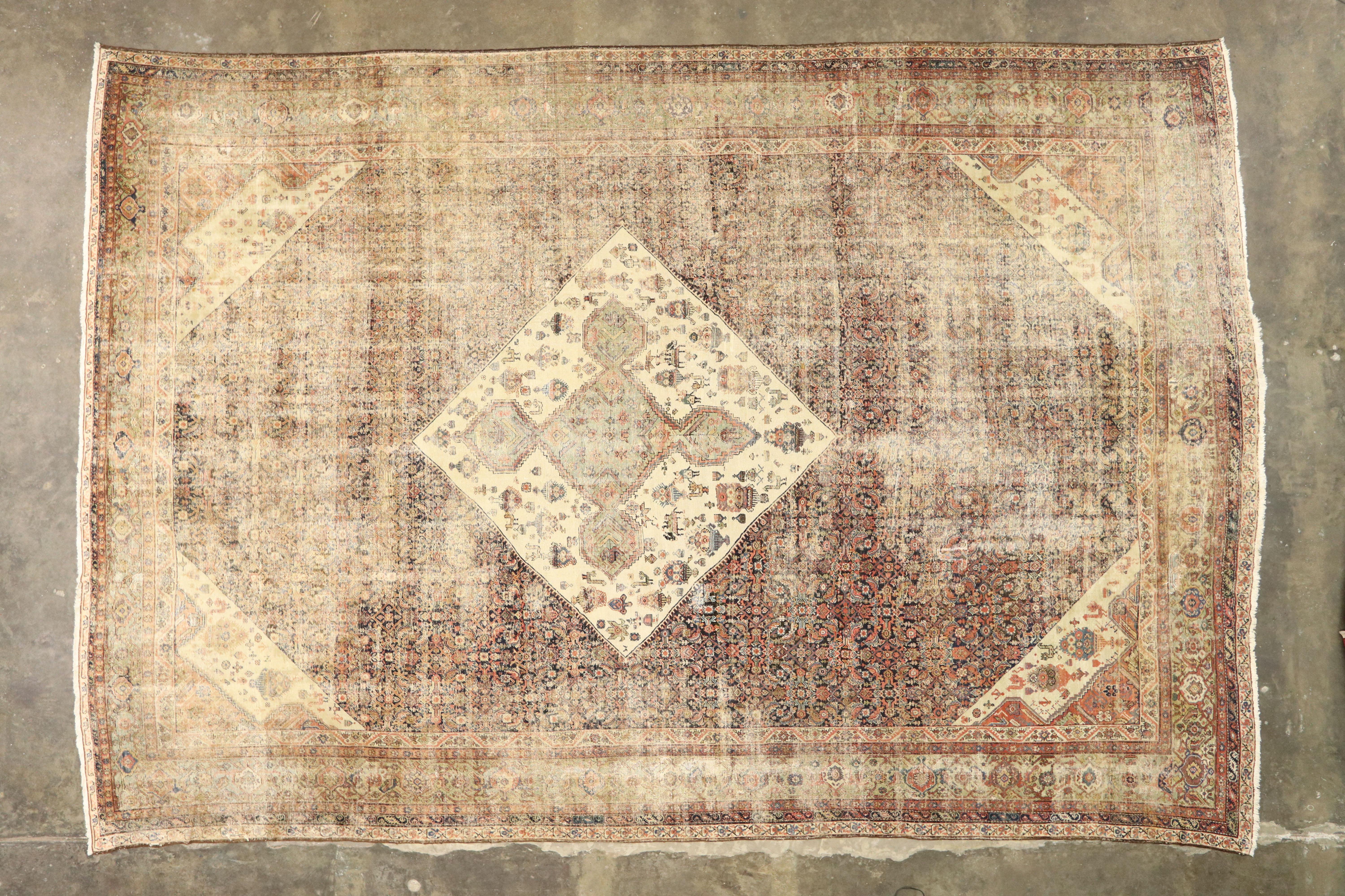 Distressed Antique Persian Sultanabad Rug with Modern Rustic Industrial Style 1