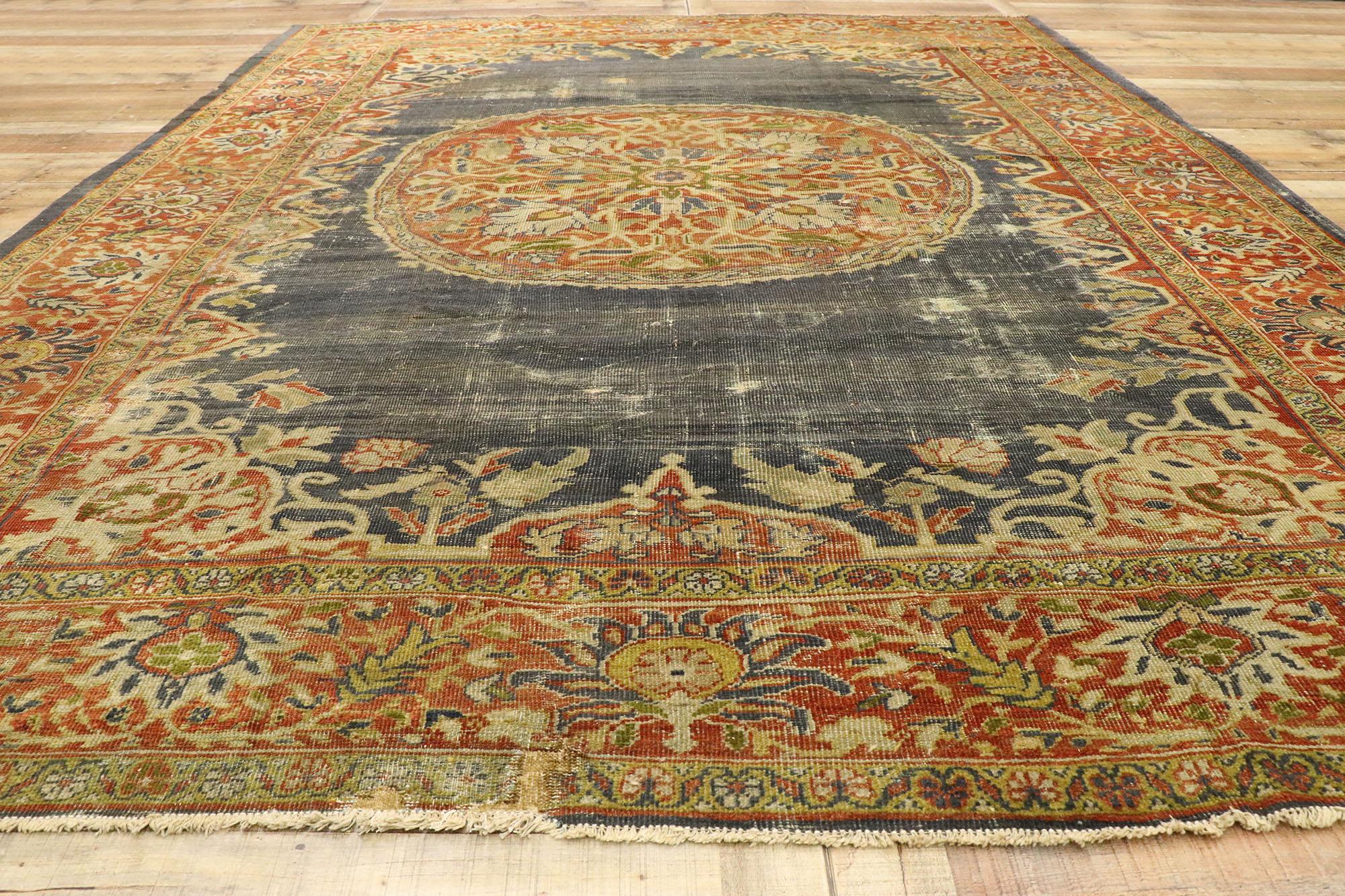 Distressed Antique Persian Sultanabad Rug with Rustic Artisan Industrial Style For Sale 1