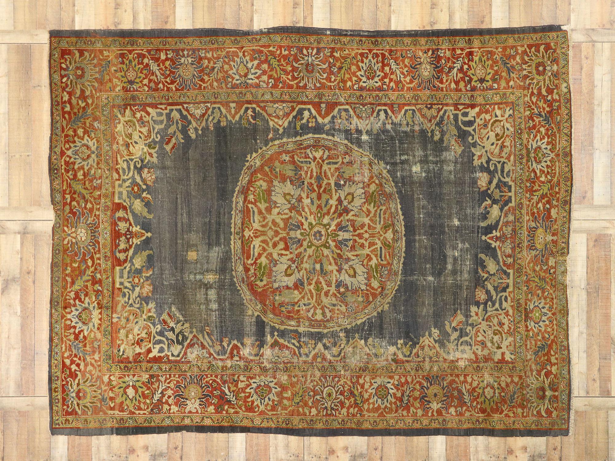 Distressed Antique Persian Sultanabad Rug with Rustic Artisan Industrial Style For Sale 2