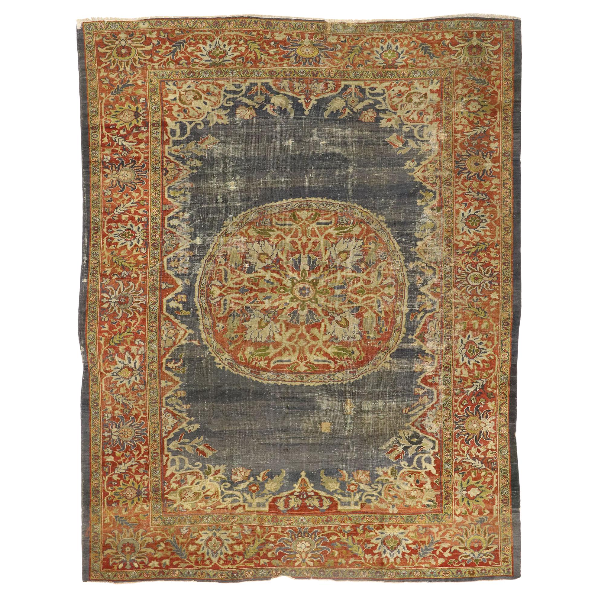 Distressed Antique Persian Sultanabad Rug with Rustic Artisan Industrial Style For Sale
