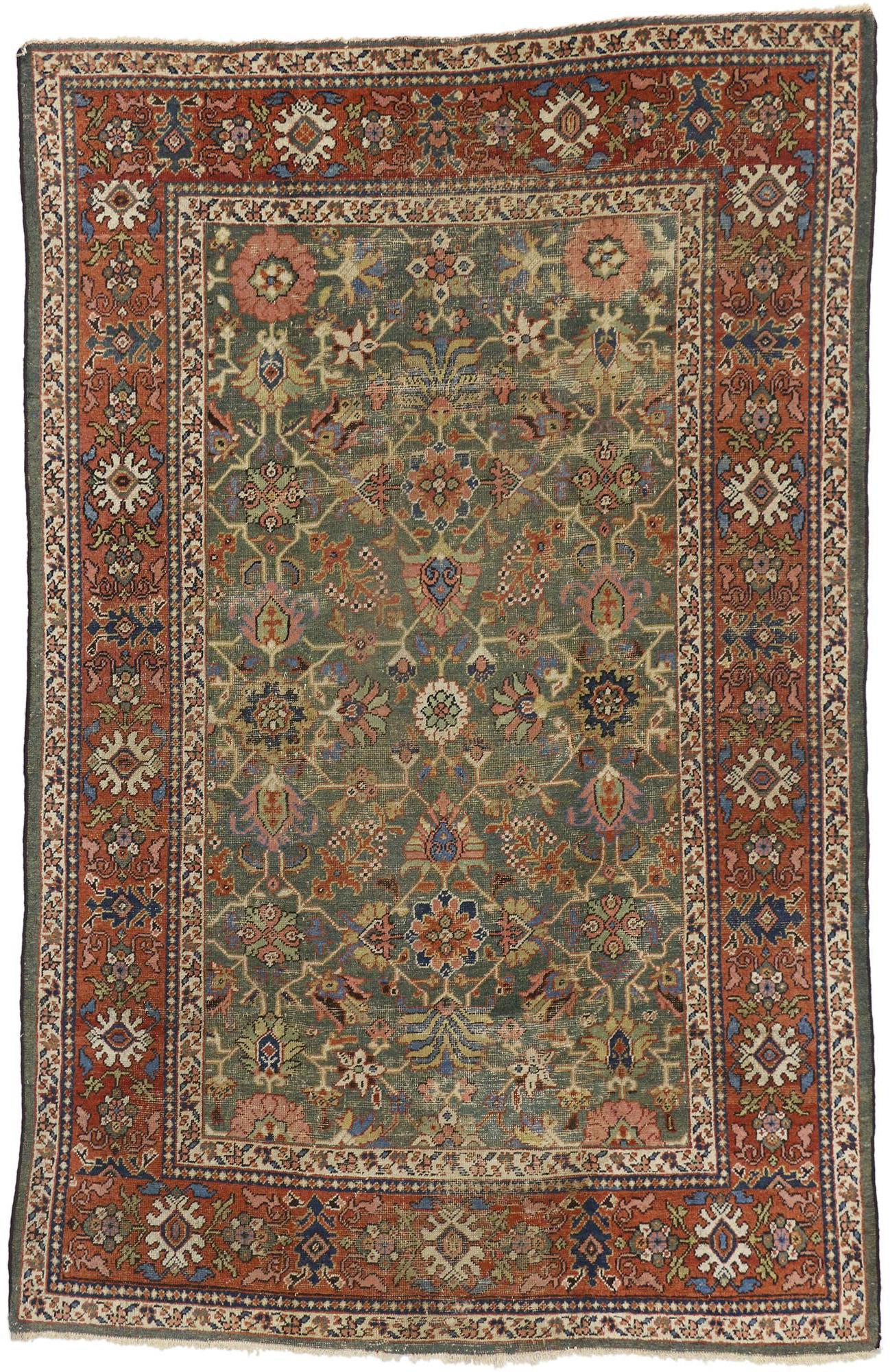 Distressed Antique Persian Sultanabad Rug with Rustic Arts and Crafts Style In Distressed Condition For Sale In Dallas, TX