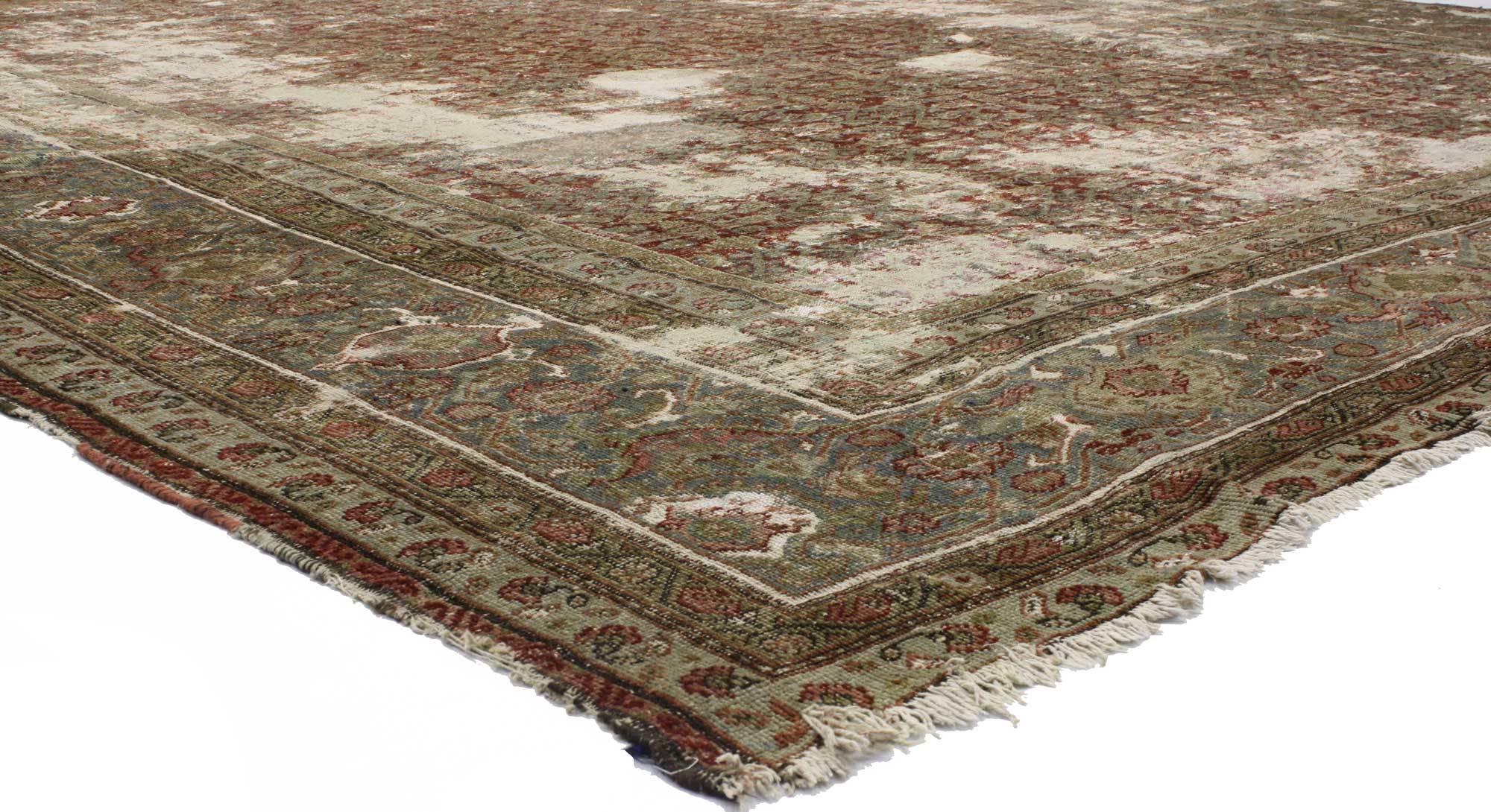 73485 Distressed Late 19th Century Antique Persian Sultanabad Rug with Rustic Mountain Adirondack Style 13'04 X 17'07. This hand-knotted wool distressed antique Persian Sultanabad in Rustic Mountain Adirondack style features an all-over geometric