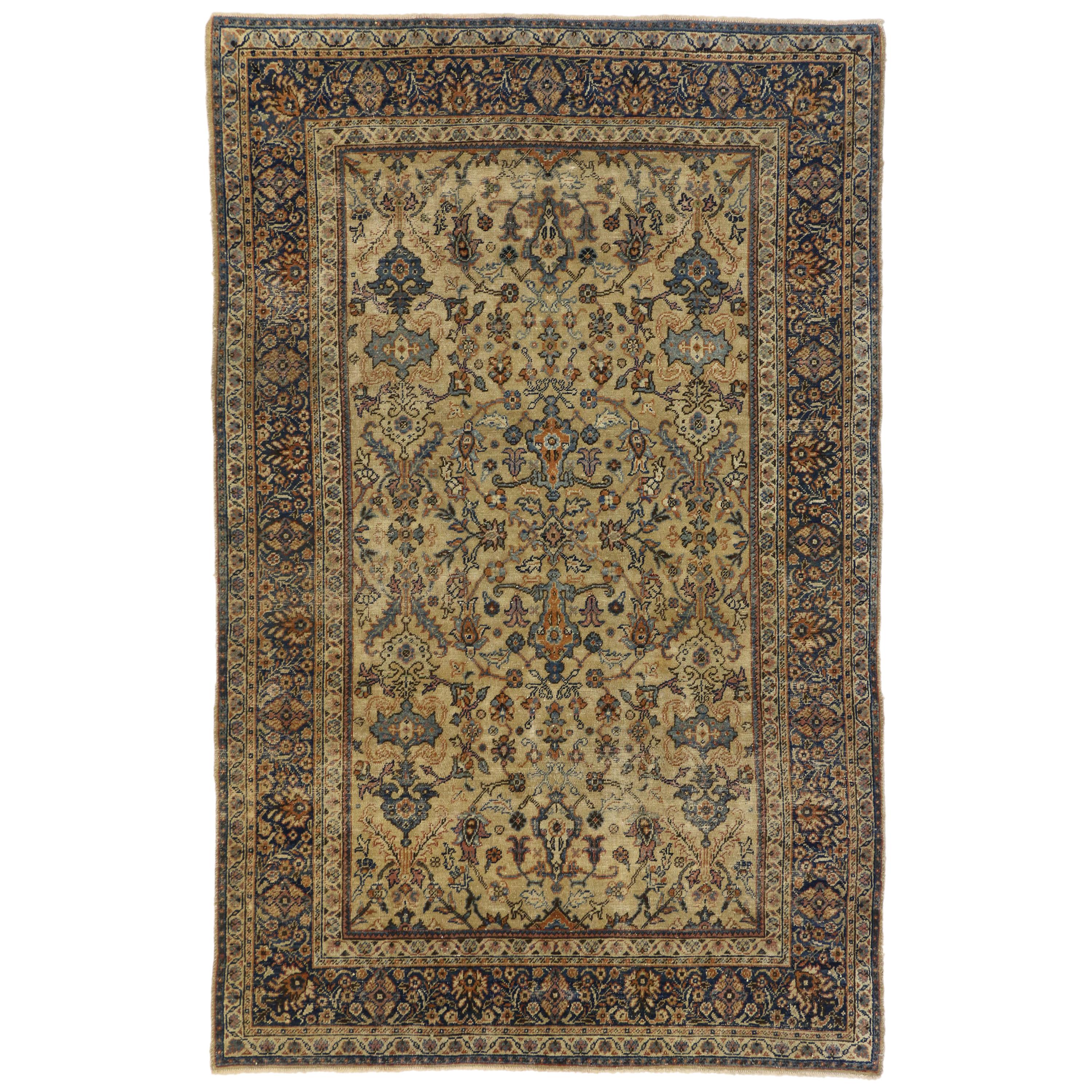 Distressed Antique Persian Sultanabad Rug with Rustic Spanish Colonial Style For Sale