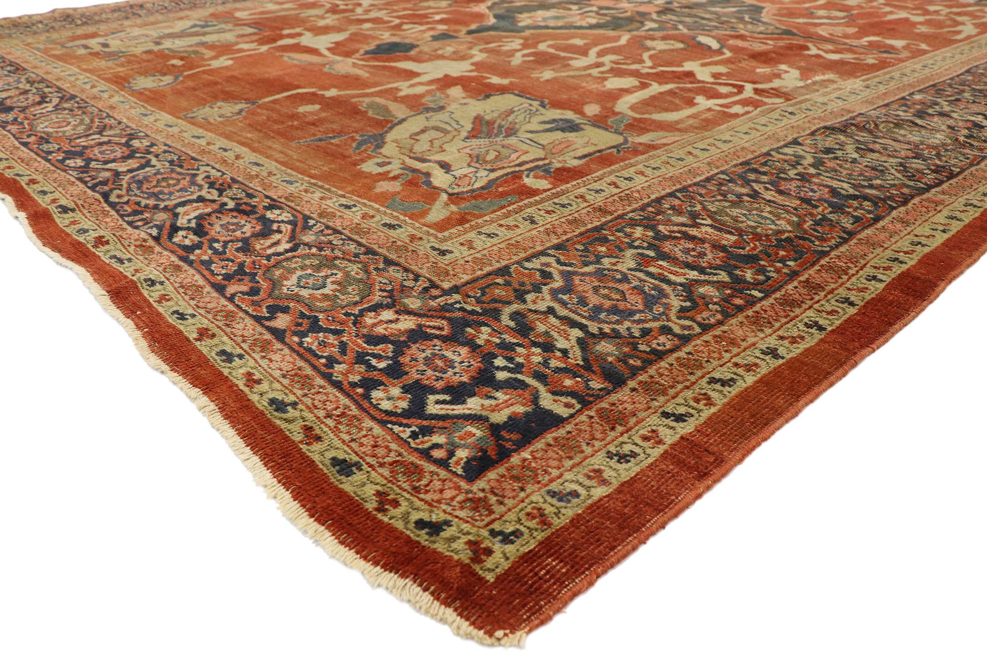 ​74681 Late 19th Century Distressed Antique Persian Sultanabad Rug with Traditional English Rustic Style 10'03 x 13'04. Balancing a timeless medallion design with traditional sensibility and a lovingly timeworn patina, this hand knotted wool Late