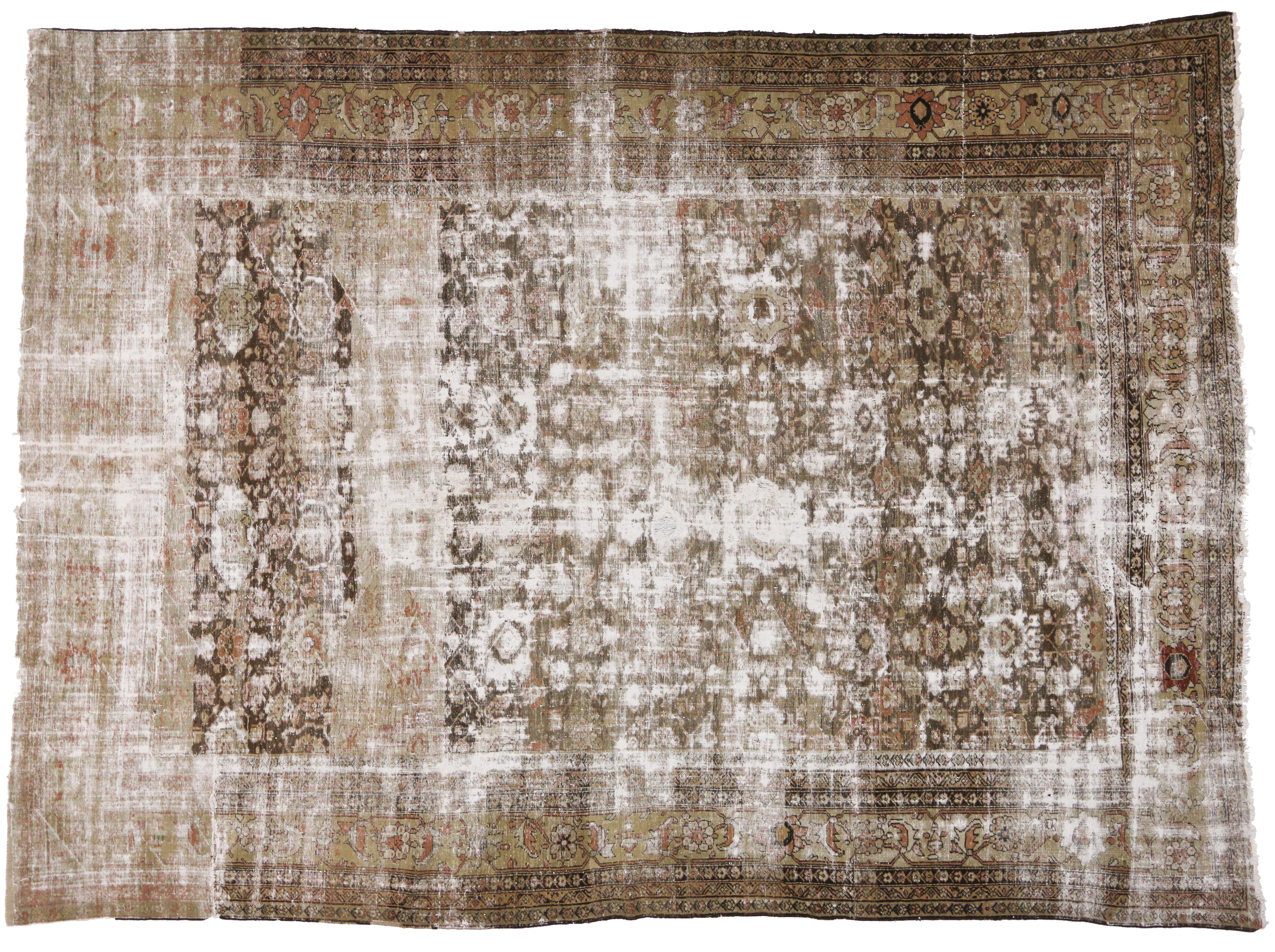 19th Century Distressed Antique Persian Sultanabad Rug, Rustic Charm Meets Weathered Finesse For Sale