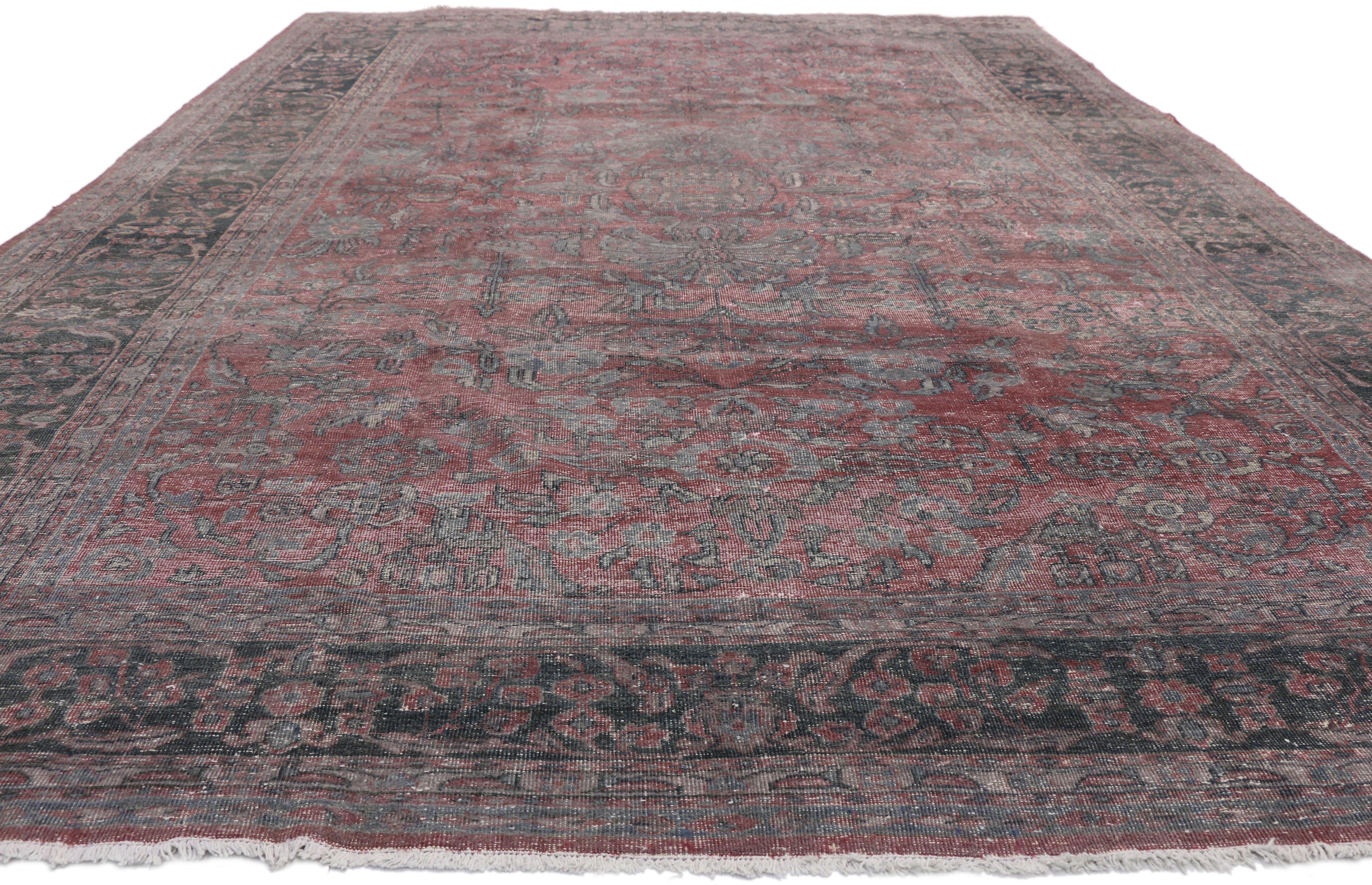 Industrial Distressed Antique Persian Tabriz Area Rug For Sale