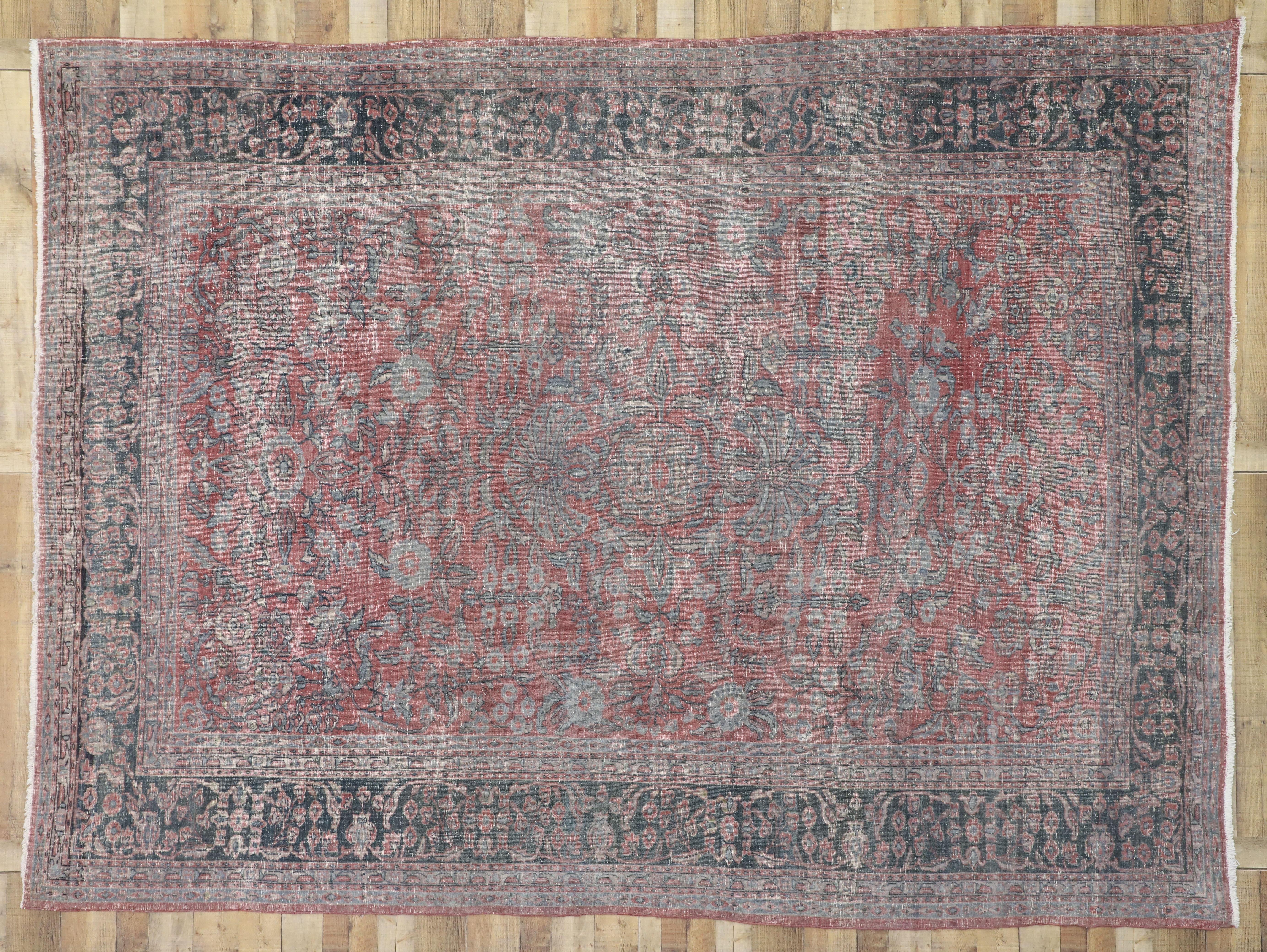 Distressed Antique Persian Tabriz Area Rug For Sale 1