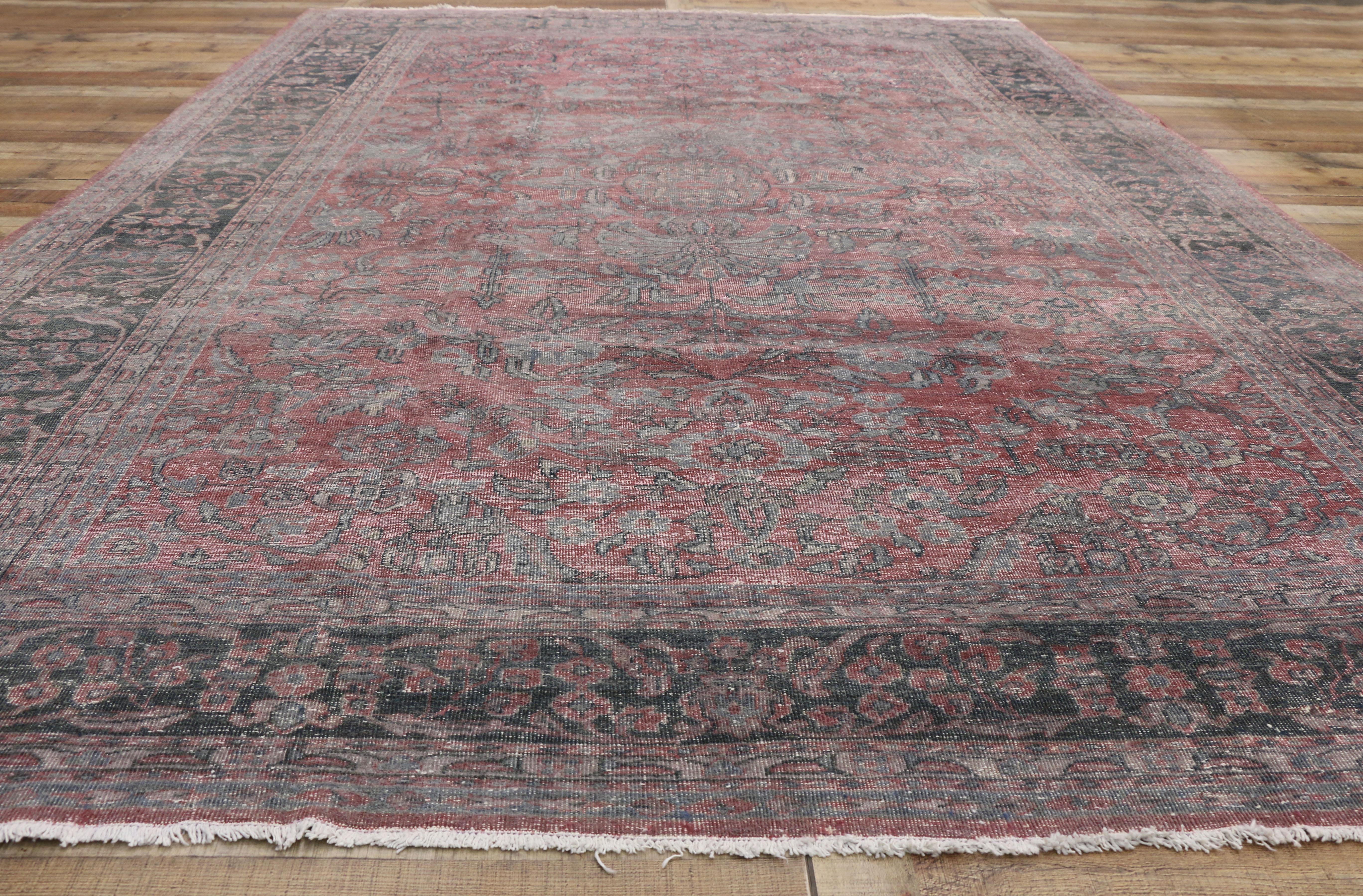 Wool Distressed Antique Persian Tabriz Area Rug For Sale