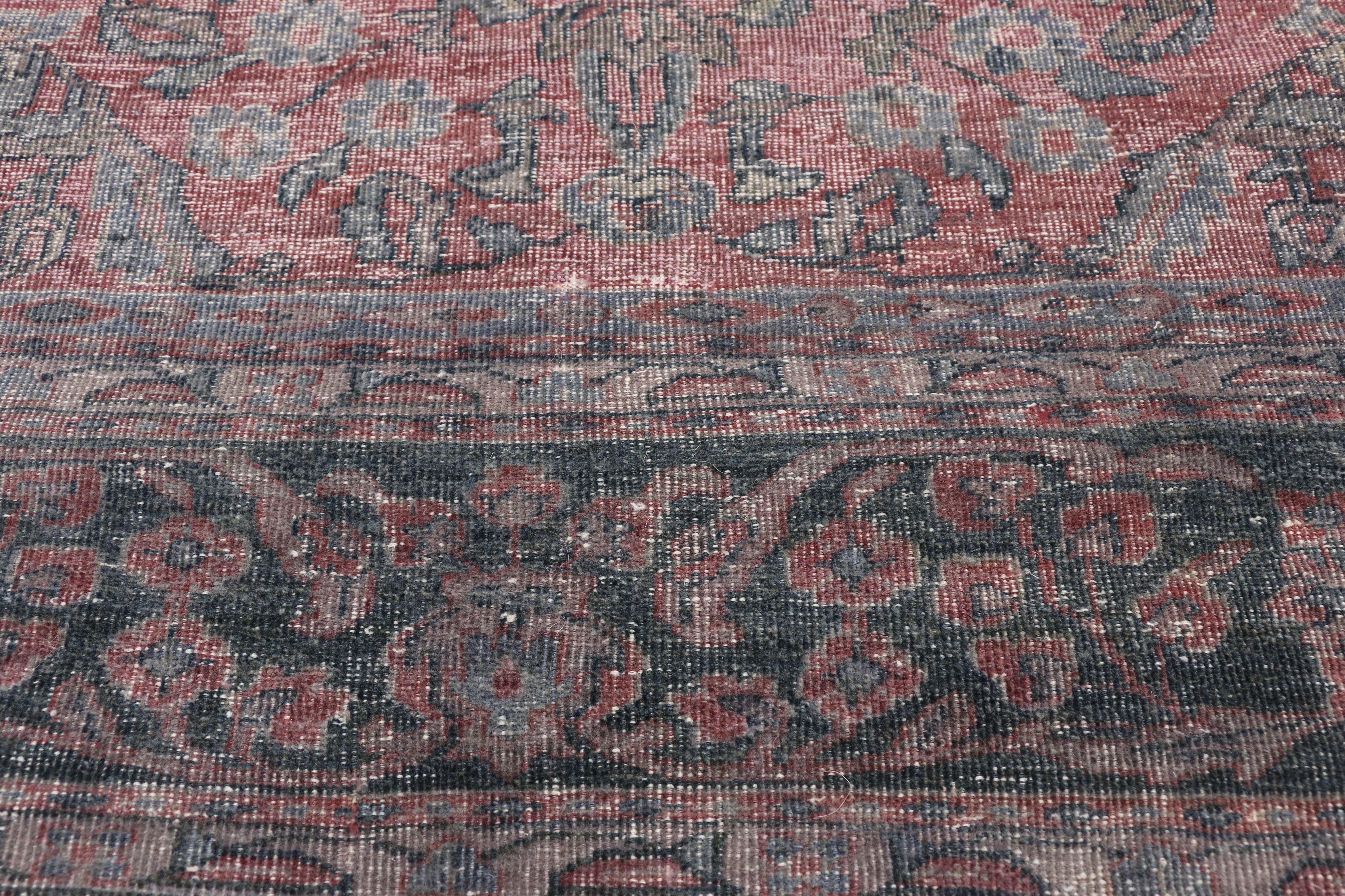 Hand-Knotted Distressed Antique Persian Tabriz Area Rug For Sale
