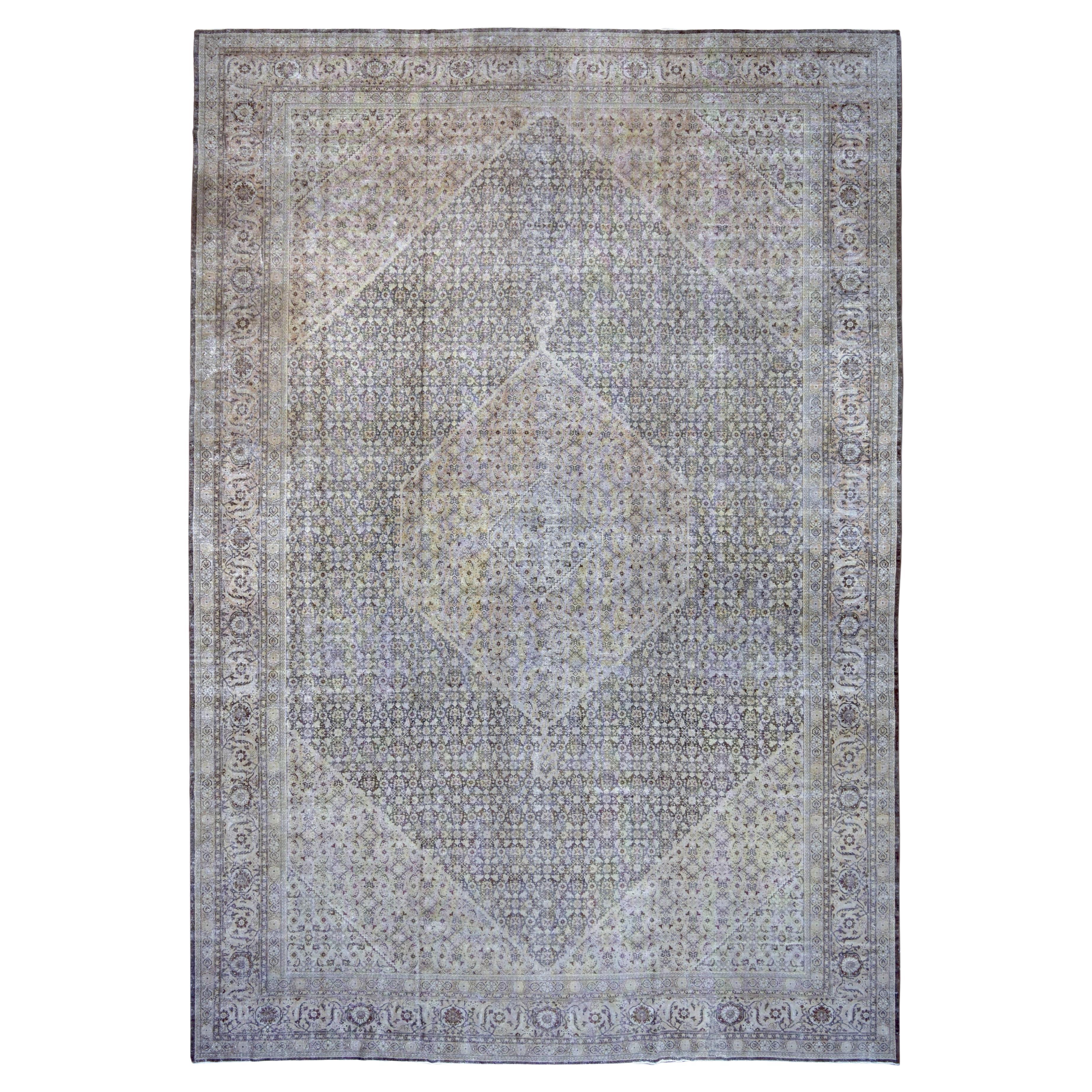 Distressed Antique Persian Tabriz Brown Rug 13'2''x19'2''