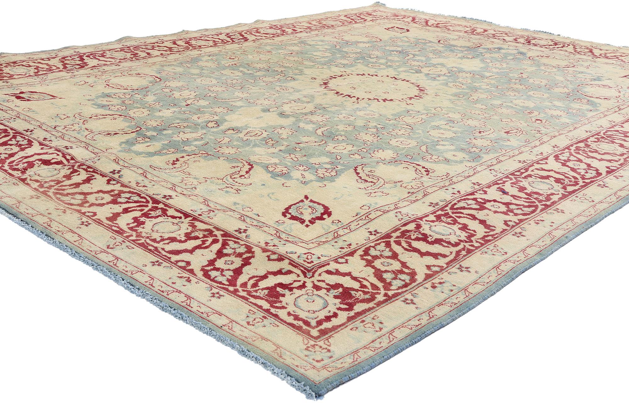60874 Antique Persian Tabriz Rug, 07'11 x 10'09. A testament to timeless Persian artistry and enduring elegance, this hand-knotted wool antique Tabriz rug enchants with its celestial palette and breathtaking artisanship. Washed to whispery softness