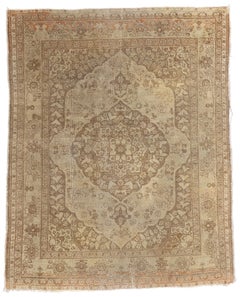 Distressed Antique Persian Tabriz Carpet with Modern Style