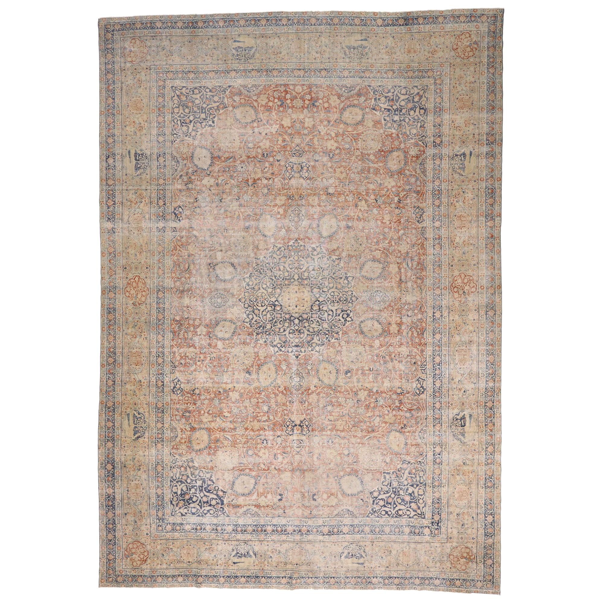 Oversized Antique Persian Tabriz Rug, Laid-Back Luxury Meets Rustic Sensbility For Sale