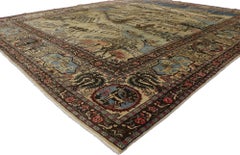 Distressed Antique Persian Tabriz Pictorial Rug with Cartouche Border