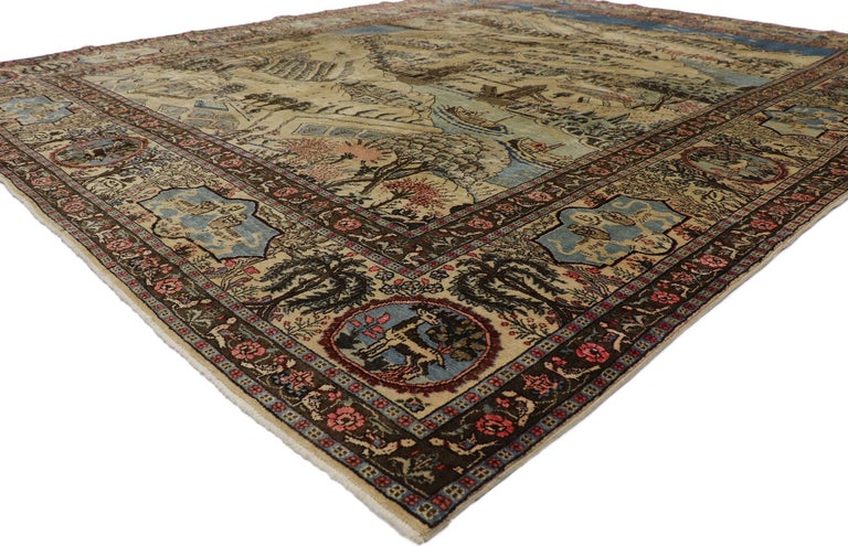 53653 Distressed Antique Persian Tabriz Pictorial Rug with Cartouche Border 09'04 x 11'06. Full of tiny details with a city village scene, this hand-knotted wool distressed antique Persian Tabriz pictorial rug depicts many aspects of everyday urban