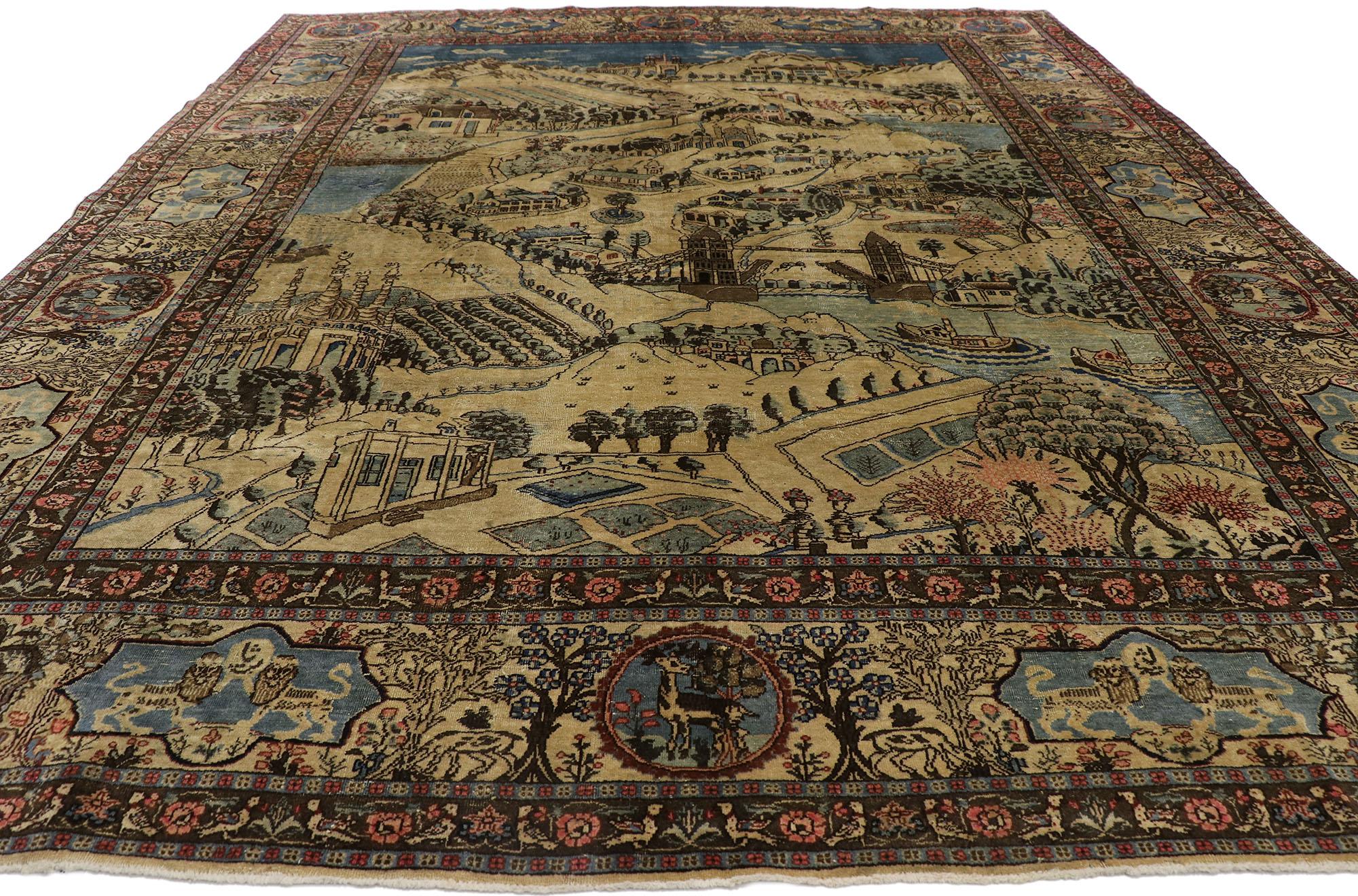 Hand-Knotted Distressed Antique Persian Tabriz Pictorial Rug with Cartouche Border For Sale