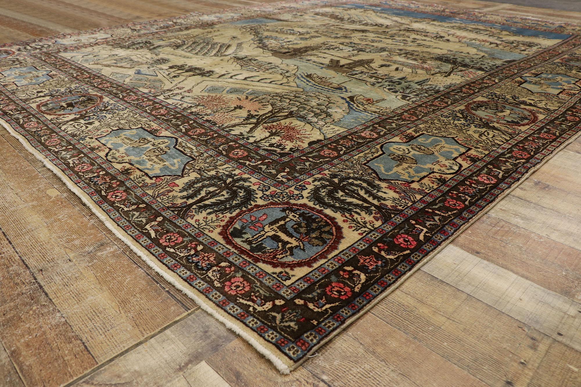 Wool Distressed Antique Persian Tabriz Pictorial Rug with Cartouche Border For Sale