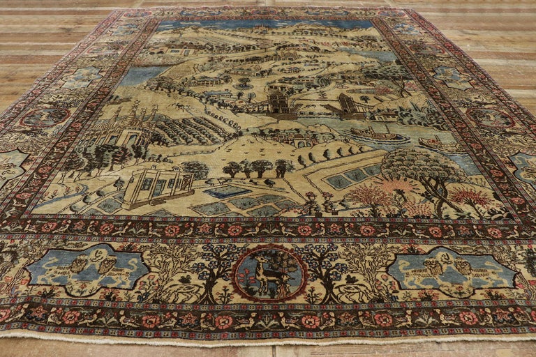 Distressed Antique Persian Tabriz Pictorial Rug with Cartouche Border For Sale 1