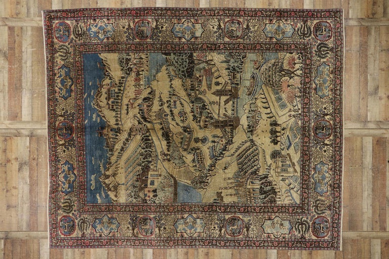 Distressed Antique Persian Tabriz Pictorial Rug with Cartouche Border For Sale 2